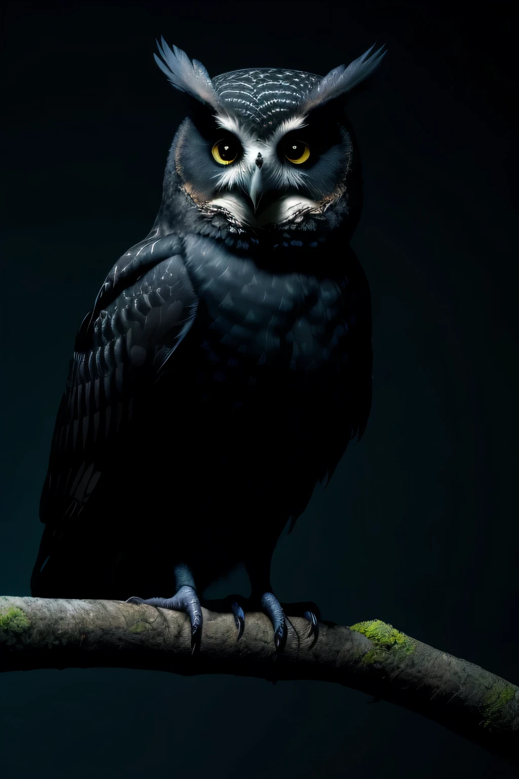 Estilo-NebMagic, Foto premiada, A black owl sitting on a branch, plumas, demonio, siniestro, ojo rojo, intrincado, plumas detalladas, Fondo del bosque, Wildlife Photography, By Lee Jeffries Nikon D850 Film Stock Photography 4 Kodak Portra 400 F1 Camera.6 lenses Rich, hyper-realistic colors Realistic texture Dramatic lighting trend on ArtStation Cinestill 800, Estilo-LostTemple, sombra profunda, alto contraste, oscuro, Luna llena