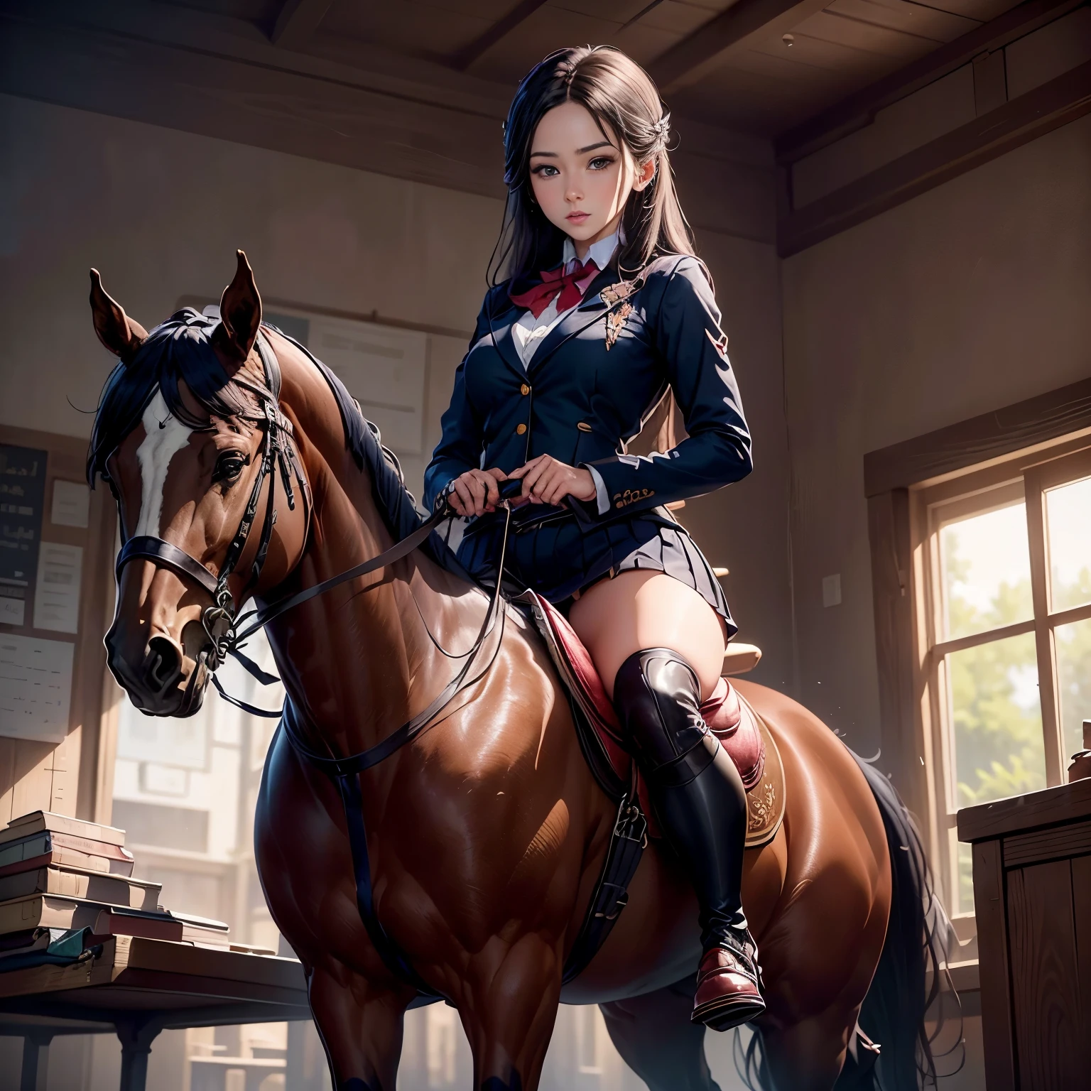retina, table top, Accurate, ((anatomically correct)), rough skin, Super detailed, advanced details, high quality, award-winning, 最high quality, High resolution, 8K,British equestrian of female aristocracy、dynamism,powerful,(Overcoming obstacles on horseback),a classy woman,Beauty aristocracy,Equestrian School Uniforms,cute,Students and Female Teachers、Riding a horse with the reins in your hands、Feeling of sprinting、Running horses,(Horseback riding exercises),detailed face、Horse riding practice,Field Stadium、Diagram viewed diagonally from above、