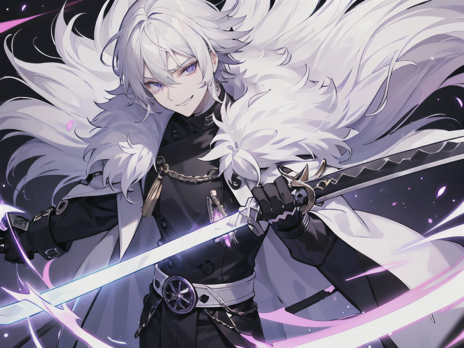 Man, White hair, light purple eyes, Black fur coat, pants, 1 person, whole body, smirk, solo, sword