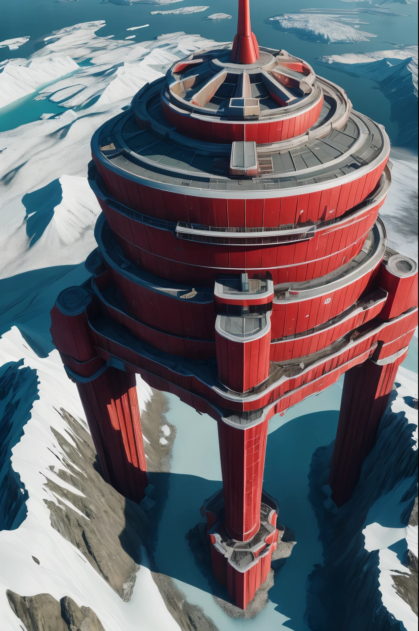 masterpiece, best quality, redice, red glacier, mountain, red theme (Sci-fi camouflaged) man (wearing tech goggles) lying flat on a warehouse tower rooftop at midnight in the future (high up in the futuristic city) peering down at docks far below, viewed from above high over the shoulder, looking down at a spaceport below