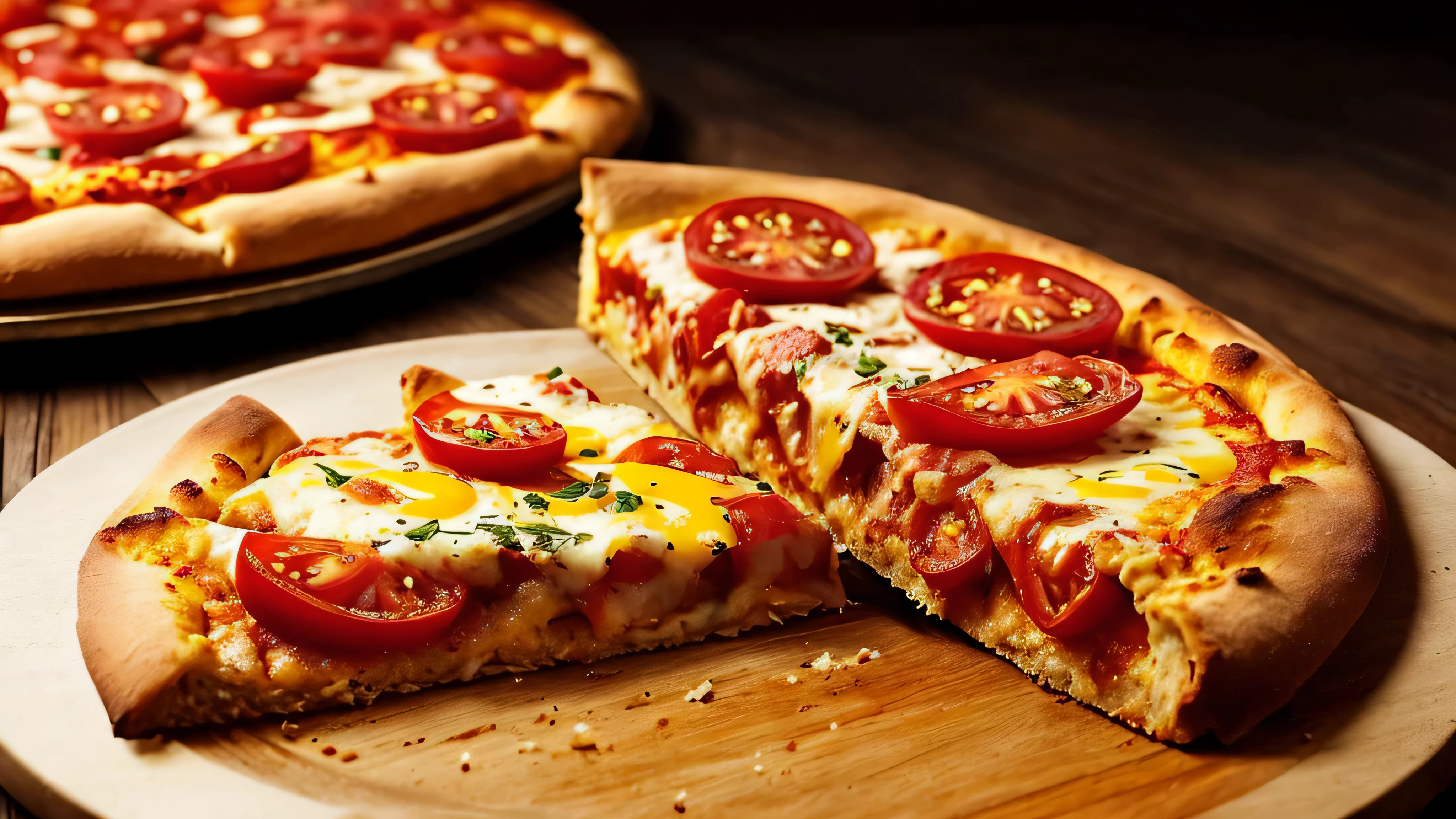 realistic epic, pizza assada com tomate e queijo derretido, Cooking, Realistic rendering, dramatic lighting obra de arte, profundidade de campo, melhor qualidade, Intricado, (reflexo de lente: 0.7), (florescer: 0.7) , Mapeamento de tons, altamente detalhado, (obra de arte: 1.3), (melhor qualidade: 1.3), (textura natural da pele , hiperrealismo, Luz suave, cores suaves), Fundo, rutkowski, luz de borda
