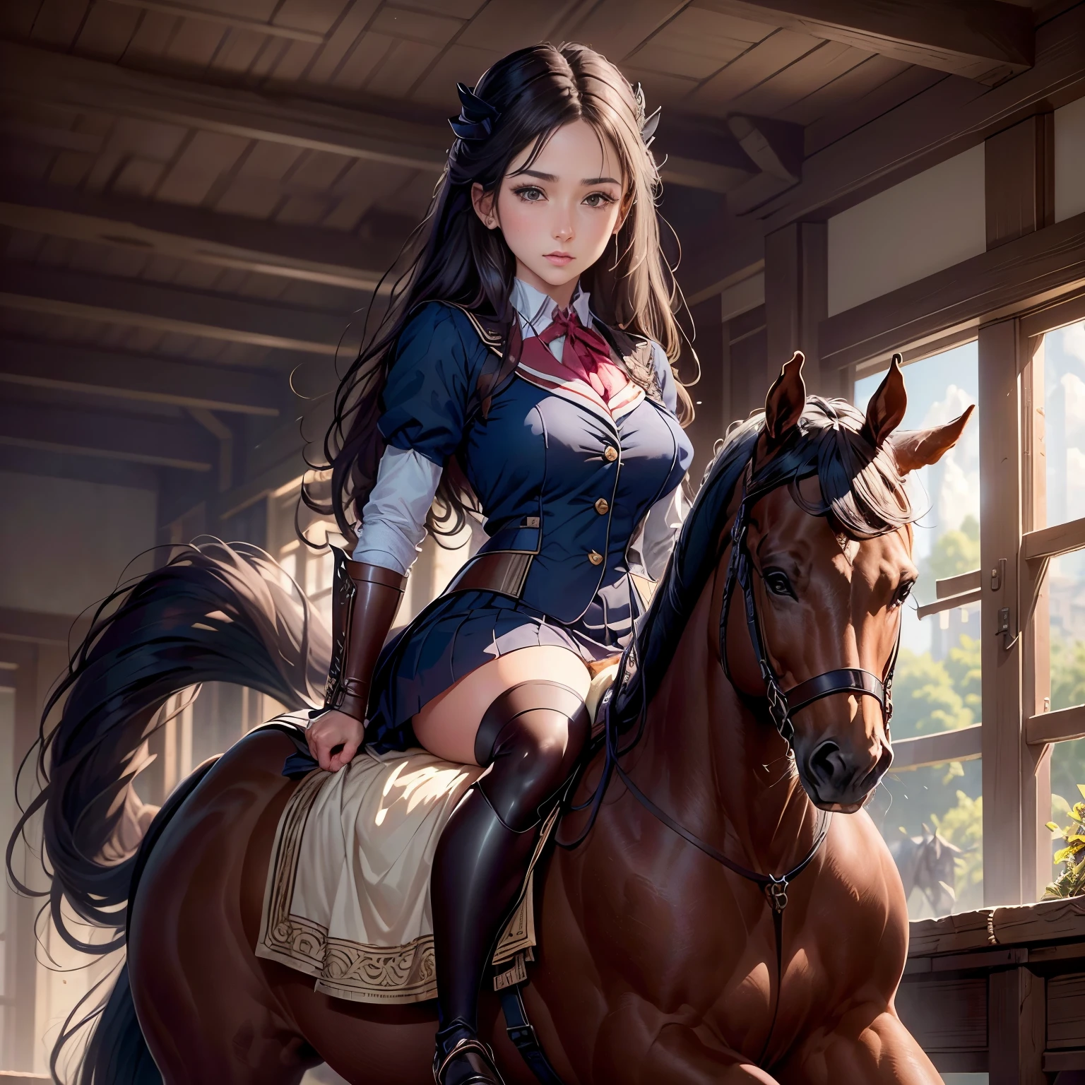 retina, table top, Accurate, ((anatomically correct)), rough skin, Super detailed, advanced details, high quality, award-winning, 最high quality, High resolution, 8K,British equestrian of female aristocracy、dynamism,powerful,(Overcoming obstacles on horseback),a classy woman,Beauty aristocracy,Equestrian School Uniforms,cute,Students and Female Teachers、Riding a horse with the reins in your hands、Feeling of sprinting、Running horses,(Horseback riding exercises),detailed face、Horse riding practice,Field Stadium、Diagram viewed diagonally from above、