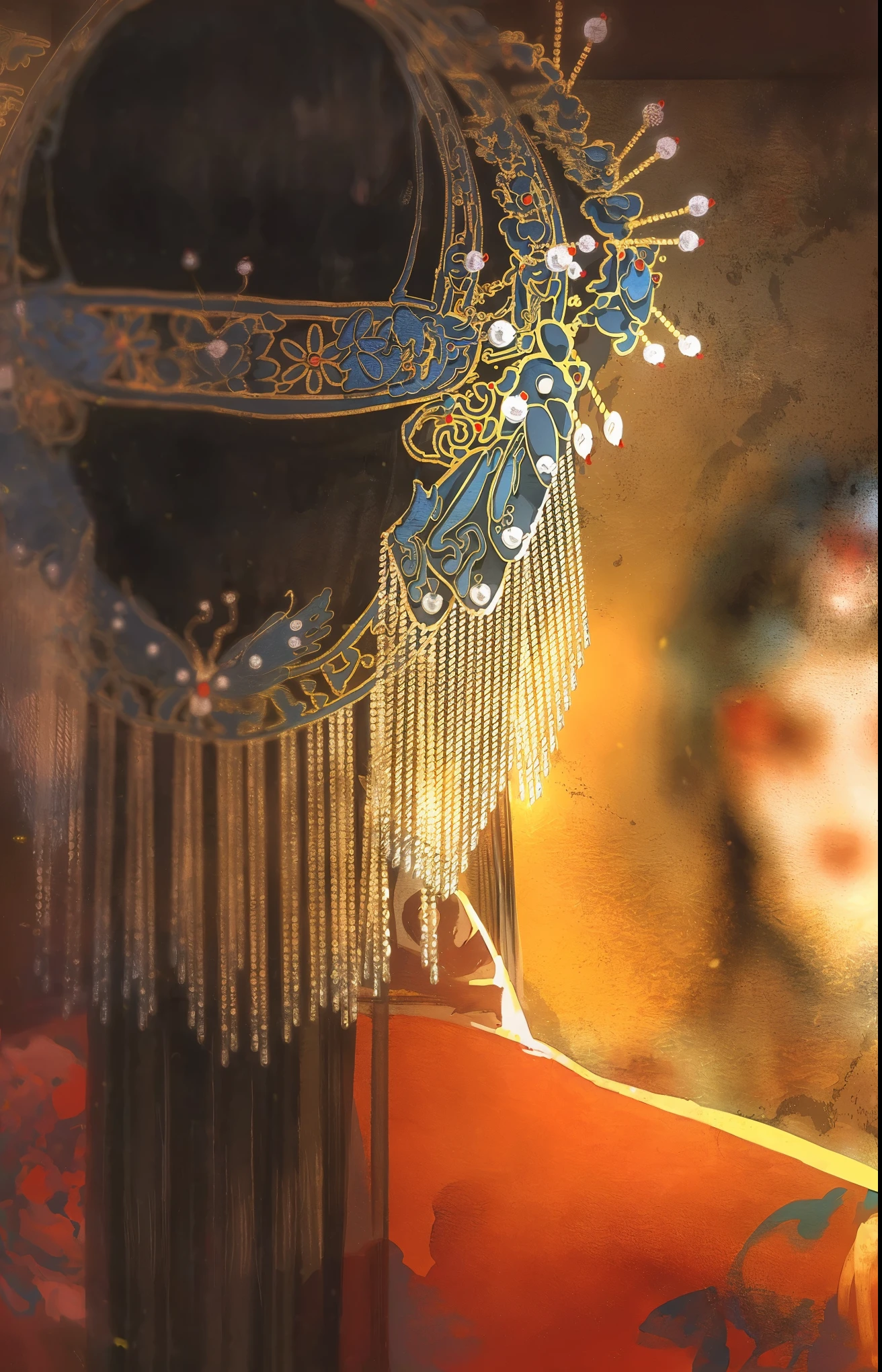 Peking Opera,back view,镜子里映出Peking Opera人脸