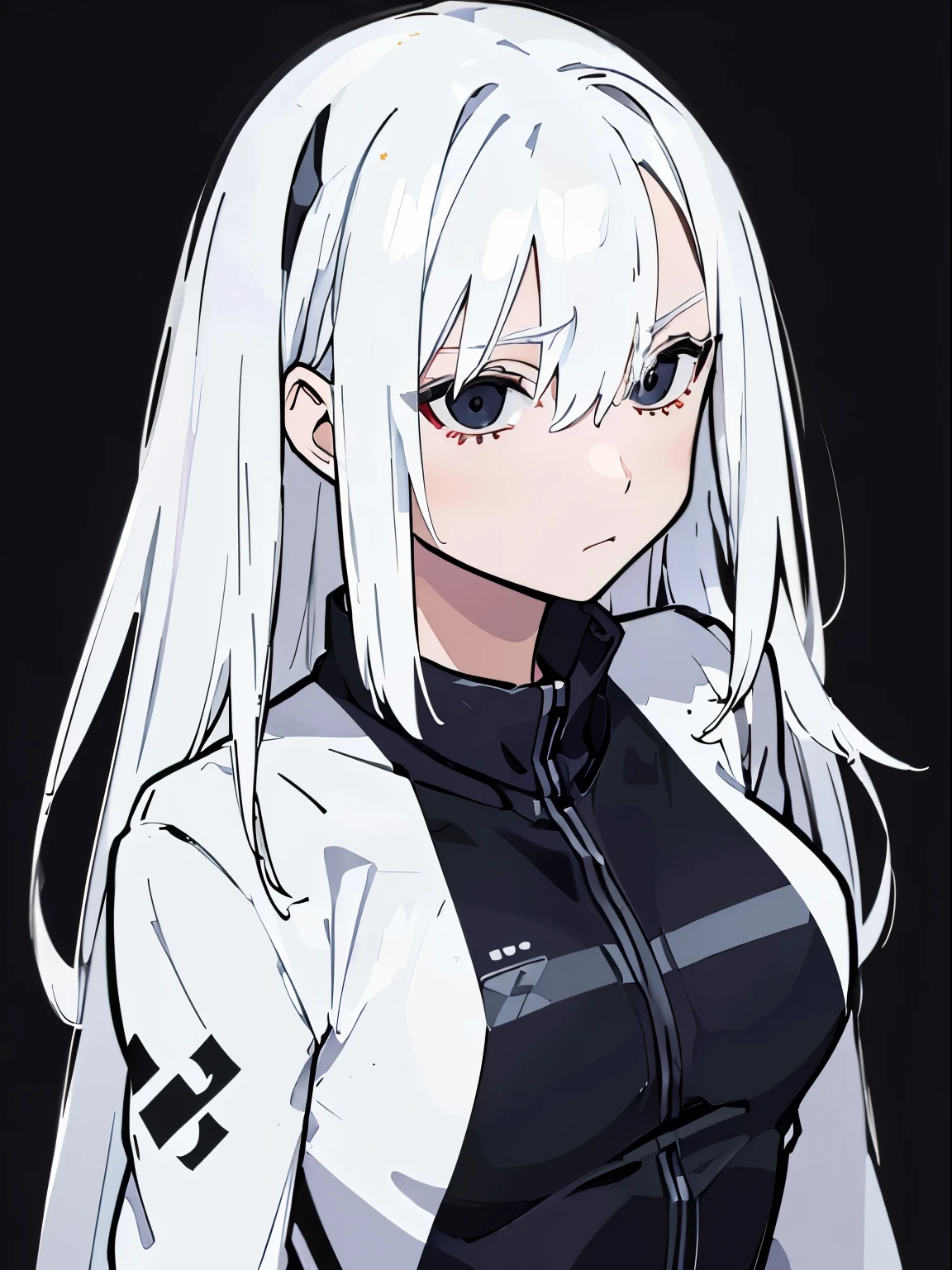 ((Racing suit)),((White hair)),(Tights),Sexy,A person,Alone,Upper Body,Half-length photo,Simple style,Simple details,Black background,Black background wall,Sagging hair,(20 year old woman)