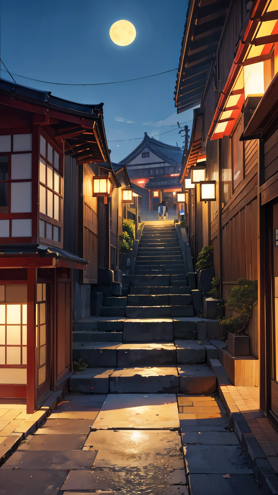 Japan Kamakura interface,Ancient complex,evening sun,silhouette of pedestrians,High altitude wide angle view