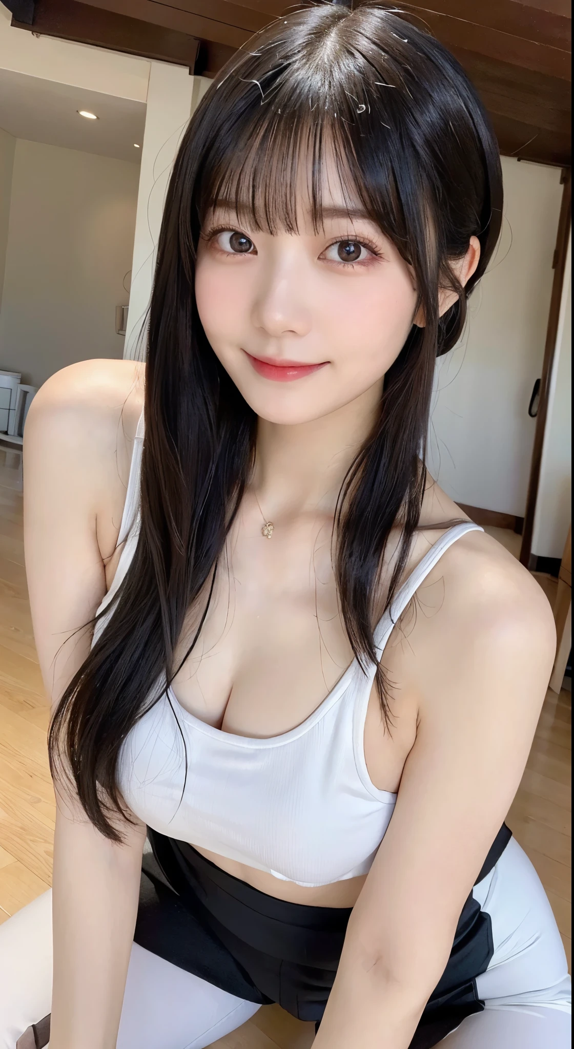 (top-quality,​masterpiece:1.3,超A high resolution,),(ultra-detailliert,Caustics),(Photorealsitic:1.4,RAW shooting,)Ultra-realistic capture,A highly detailed,High resolution 16K human skin close-up。 Skin texture is natural、,The pores are、Must be detailed enough to be easy to identify。 Skin should look healthy with even tones。 Use natural light and color,BREAK,(Married woman in white tank top and white spats getting on all fours on yoga mat in yoga class),28 year old,Beautie,no-bra, (I can see my nipples erect through my clothes:1.2),Little devil style smile,Looking at the camera,Ultramammy,big butts,Sweat all over the body,Clothes that get wet with sweat and stick snugly to the body,、露出胸部、露出乳房、巨大的胸部，巨大的乳房、露出胸部、露出胸部、露出乳房