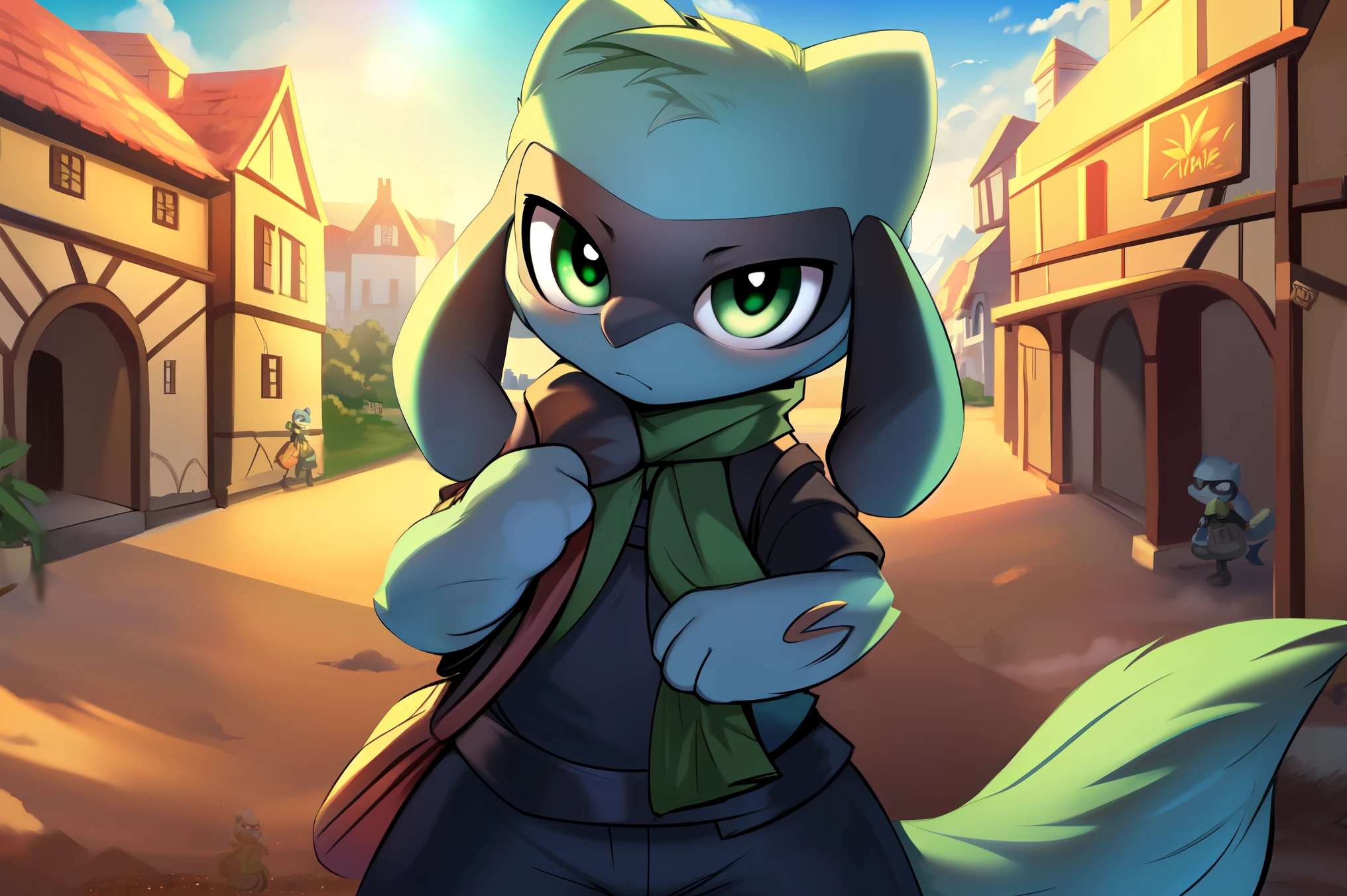 (((riolu))), young, cub, (((solo))), green eyes, long green scarf, ((green shirt)), (((black tunic))), messenger bag, ((black pants)), outside, (looking at viewer), (up close), sunny, blue sky, sun, ((fantasy town background)), Very good figure, masterpiece, super detail, high quality, best quality, highres, 16k