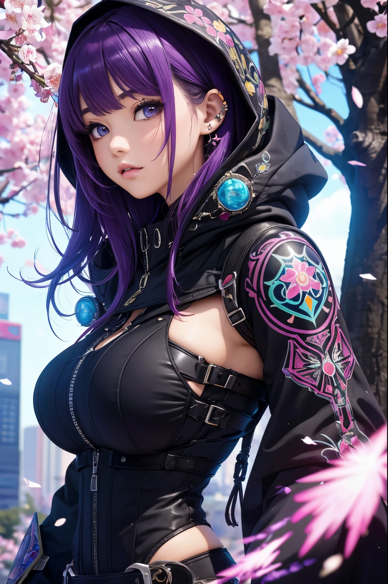 (masterpiece, top quality, best quality, official art, beautiful, cosmic, atmospheric, psychedelic, dreamlike and aesthetic, the most beautiful and highly detailed Harajuku-inspired hooded cyberpunk battle armor, super huge enormously gigantic tits, tons of tattoos and piercings:1.2), (1girl), extreme detailed,(fractal art:1.3),colorful,highest detailed, cherry blossoms blowing in the wind 