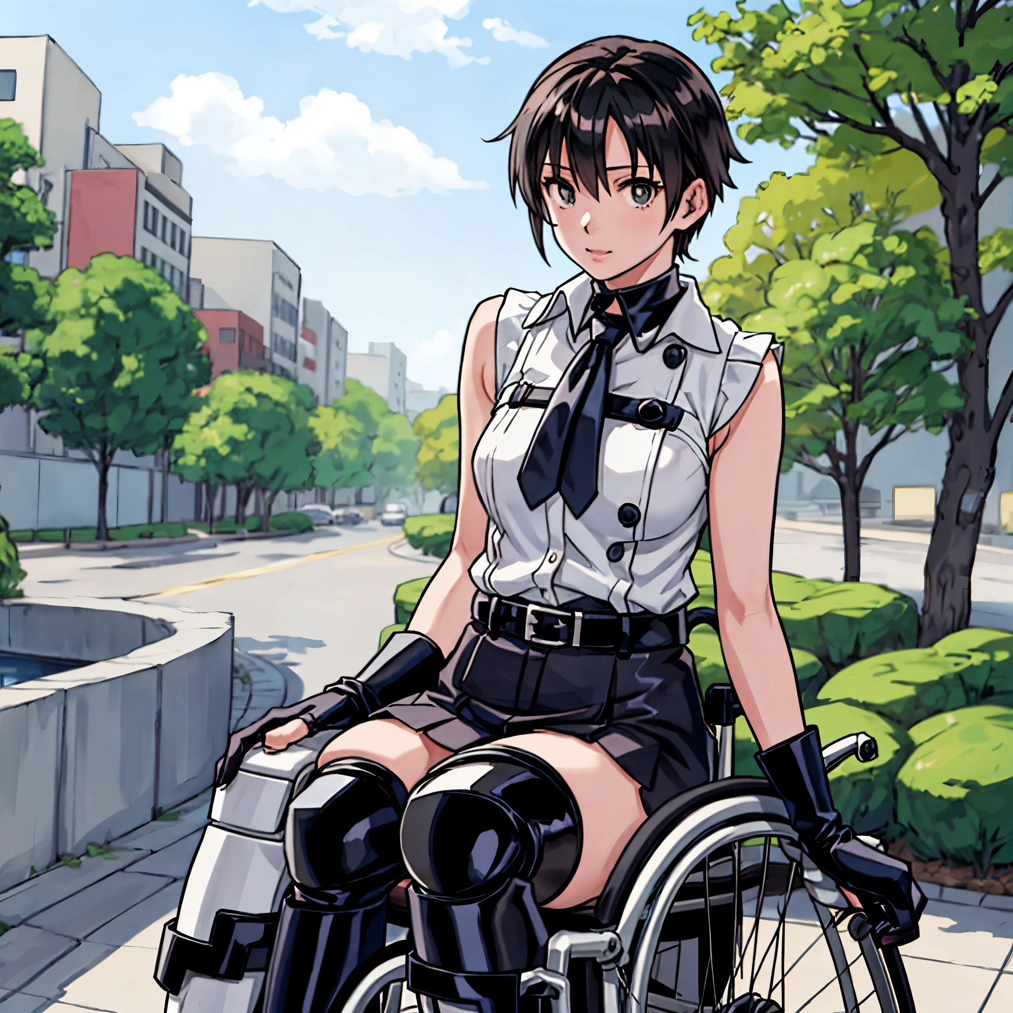 woman in a wheelchair on the street with a black and white outfit,black,boy-tie,open finger glove, black long boots,knee pads,anime girl cosplay, realistic cosplay, anime girl in real life, professional cosplay, anime cosplay, cosplay photo, full-cosplay, makoto shinka, a hyperrealistic , cosplay, hana yata, ayaka cosplay, captured on canon eos r 6, photorealistic anime