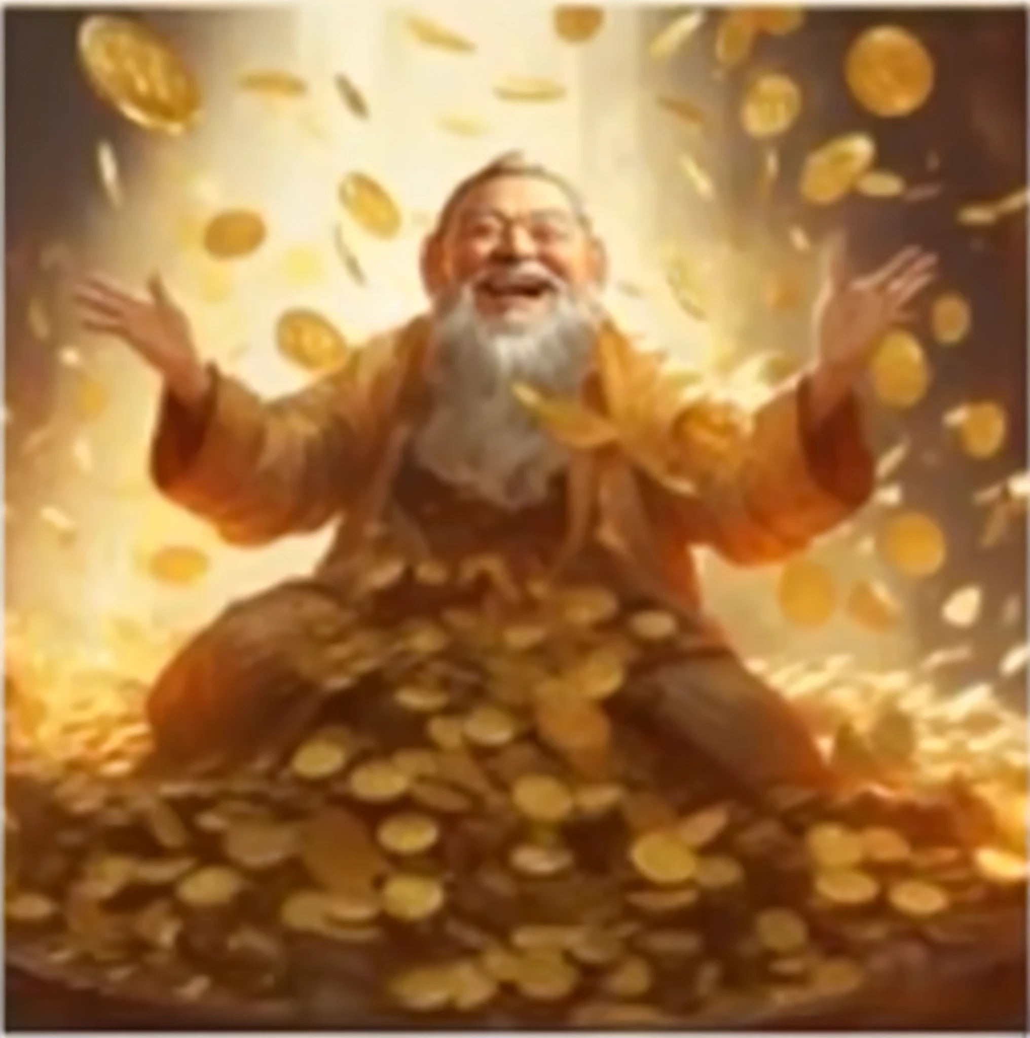 a man Sitting on a pile of gold coins with his arms outstretched, god of wealth, portrait of hide the pain harold, shrouded in gold, holding gold, Sitting on a pile of gold coins, hide the pain harold, 🚀🚀🚀, Epic Majestic Degan Trader, monk, ingenious, Didi Lutong