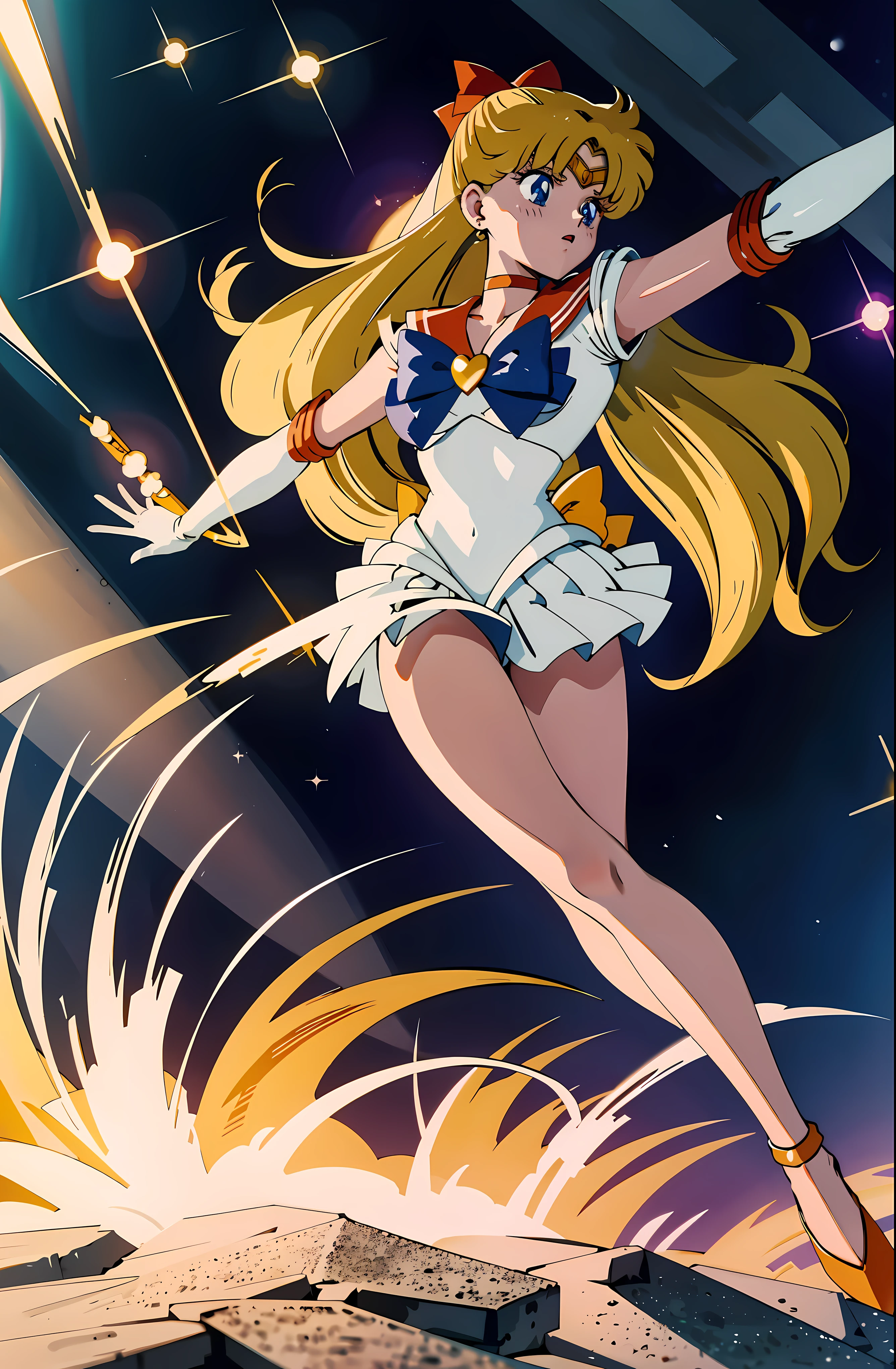 (((Sailor Venus))),(((shoulder length blonde hair with red ribbon))),blue eyes,full body,Aino Minako,(((18 years old Anime girl))),

BREAK,

((glowing heart form)),((glowing heart beam)),((glowing heart light)),detailed gaze, dynamic pose, vibrant colors, flowing hair, fierce expression, , powerful energy, sparkling particles, magical aura, intense light beams, dramatic background, dynamic composition, radiant glow,vivid visual storytelling, anime style, vibrant and saturated colors, striking contrast, ethereal atmosphere, celestial energy, mesmerizing beauty, a sense of empowerment and confidence, captivating and immersive artwork, breathtaking and awe-inspiring,

BREAK,

a beautiful woman,((full body shot)), extremely luminous bright design, pastel colors, autumn lights, ultra-realistic skin texture, ultra-realistic eyes glow, ultra-realistic hair texture((venus tiara)),((venus shoes)),((venus gloves)),(venus choker),((sailor venus uniform))),

BREAK, 

(best quality,4k,8k,highres,masterpiece:1.2),ultra-detailed,(realistic,photorealistic,photo-realistic:1.37).