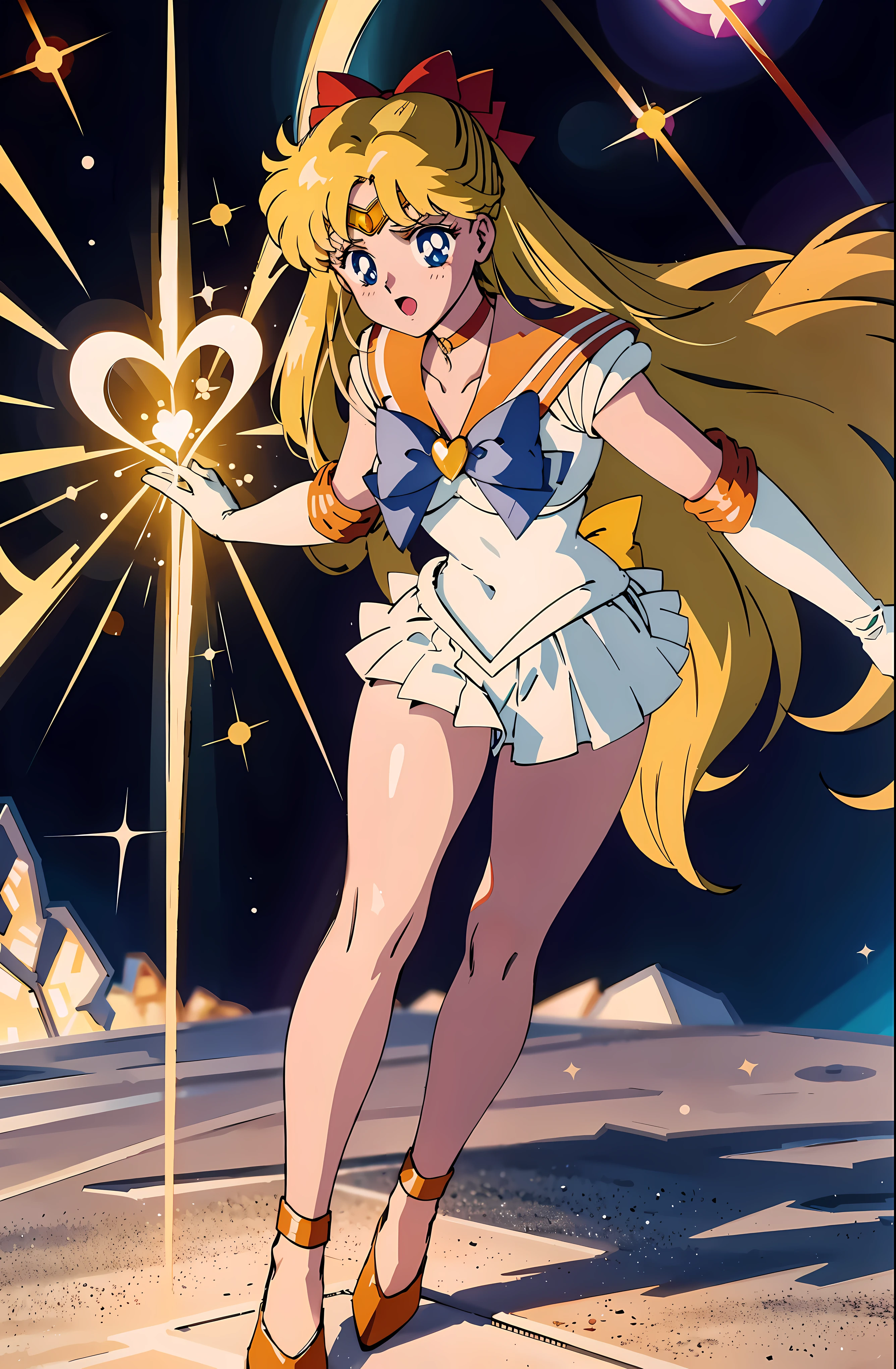 (best quality,4k,8k,highres,masterpiece:1.2),ultra-detailed,(realistic,photorealistic,photo-realistic:1.37),((glowing heart form)),((glowing heart beam)),((glowing heart light)),detailed gaze, dynamic pose, vibrant colors, flowing hair, fierce expression, (((Sailor Venus))), powerful energy, sparkling particles, magical aura, intense light beams, dramatic background, dynamic composition, radiant glow,vivid visual storytelling, anime style, vibrant and saturated colors, striking contrast, ethereal atmosphere, celestial energy, mesmerizing beauty, a sense of empowerment and confidence, captivating and immersive artwork, breathtaking and awe-inspiring,
BREAK,
a beautiful woman,((full body shot)), extremely luminous bright design, pastel colors, autumn lights, ultra-realistic skin texture, ultra-realistic eyes glow, ultra-realistic hair texture((venus tiara)),((venus shoes)),((venus gloves)),(venus choker),((sailor venus uniform))),
BREAK,
(((shoulder length blonde hair with red ribbon))),blue eyes,full body,Aino Minako,(((18 years old Anime girl))).