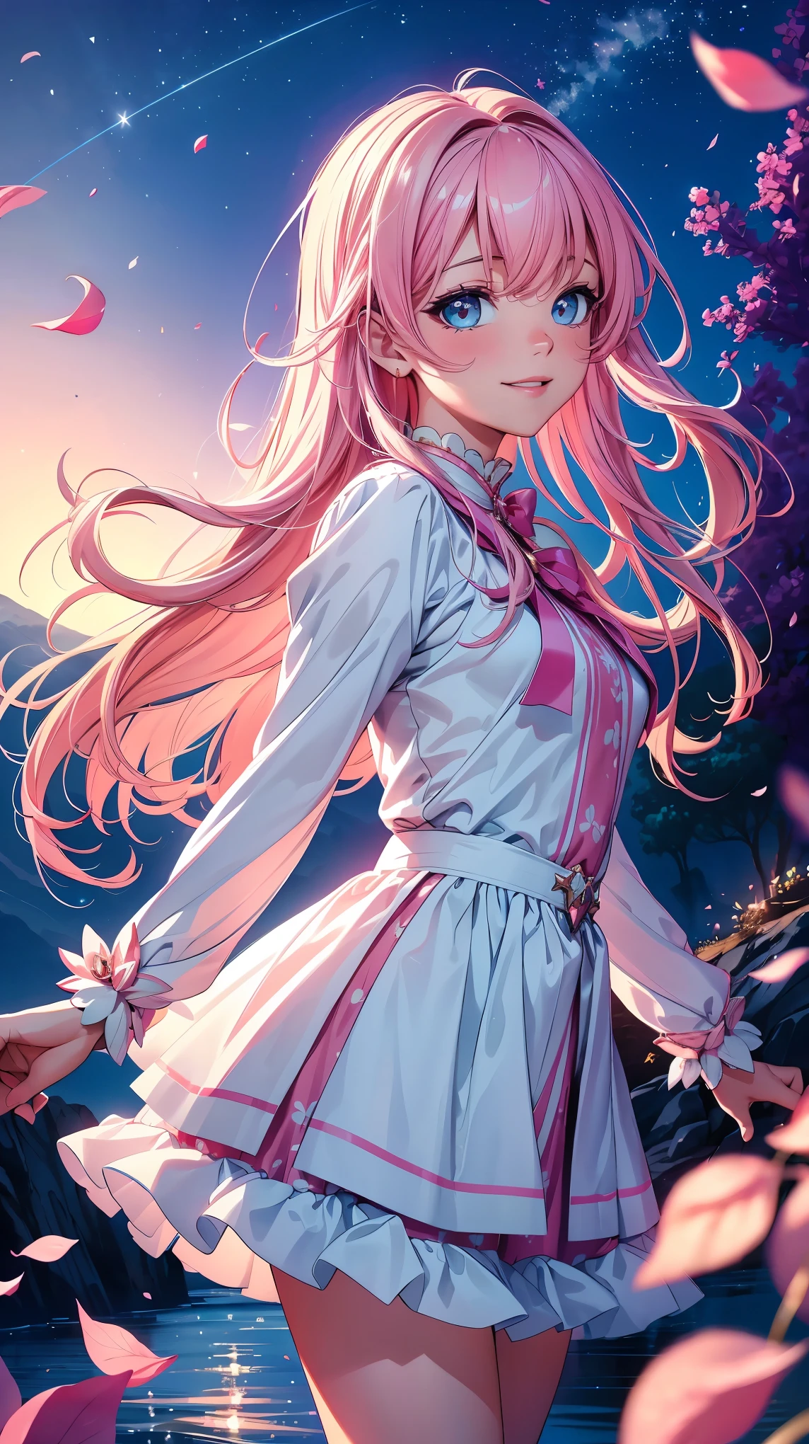 (8K, RAW photo, highest quality, masterpiece:1.2), High-definition RAW color photo, Professional photography, cinematic light,Beautiful Magical Girl,shine,sparkling aura,magical power,fascinating雰囲気,pastel colour,magical transformation,cute costumes,flowing hair,fantastic scenery,Flashing stars,twinkling lights,surreal beauty,happy expression,playful pose,dream-like背景,Vibrant energy,Amazing adventure,innocence,dream-like,sparkling eyes,cute smile,magic wand,perfect skin,Dim twilight,sparkling moon,pink petals,soft lighting,imagine,fascinating,mysterious charm,peaceful atmosphere,Pleasant moments.