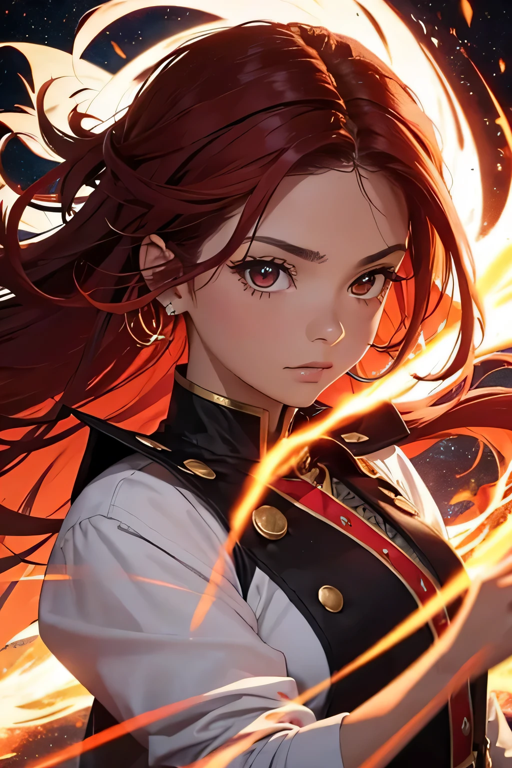 chica, cabello rojo fuego que fluye, ojos negros, Traje imperial dorado, escote, animado, El fondo es un cielo despejado con luces parpadeantes, dynamic angle, risa arrogante