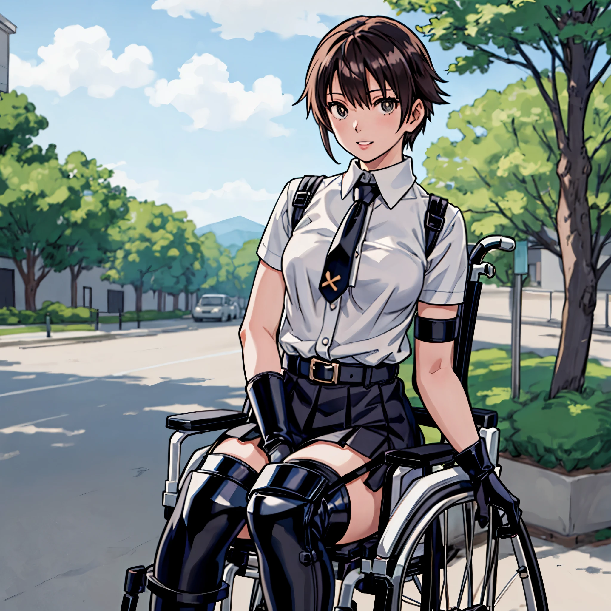 woman in a wheelchair on the street with a black and white outfit,black,boy-tie,open finger glove, black long boots,knee pads,anime girl cosplay, realistic cosplay, anime girl in real life, professional cosplay, anime cosplay, cosplay photo, full-cosplay, makoto shinka, a hyperrealistic , cosplay, hana yata, ayaka cosplay, captured on canon eos r 6, photorealistic anime
