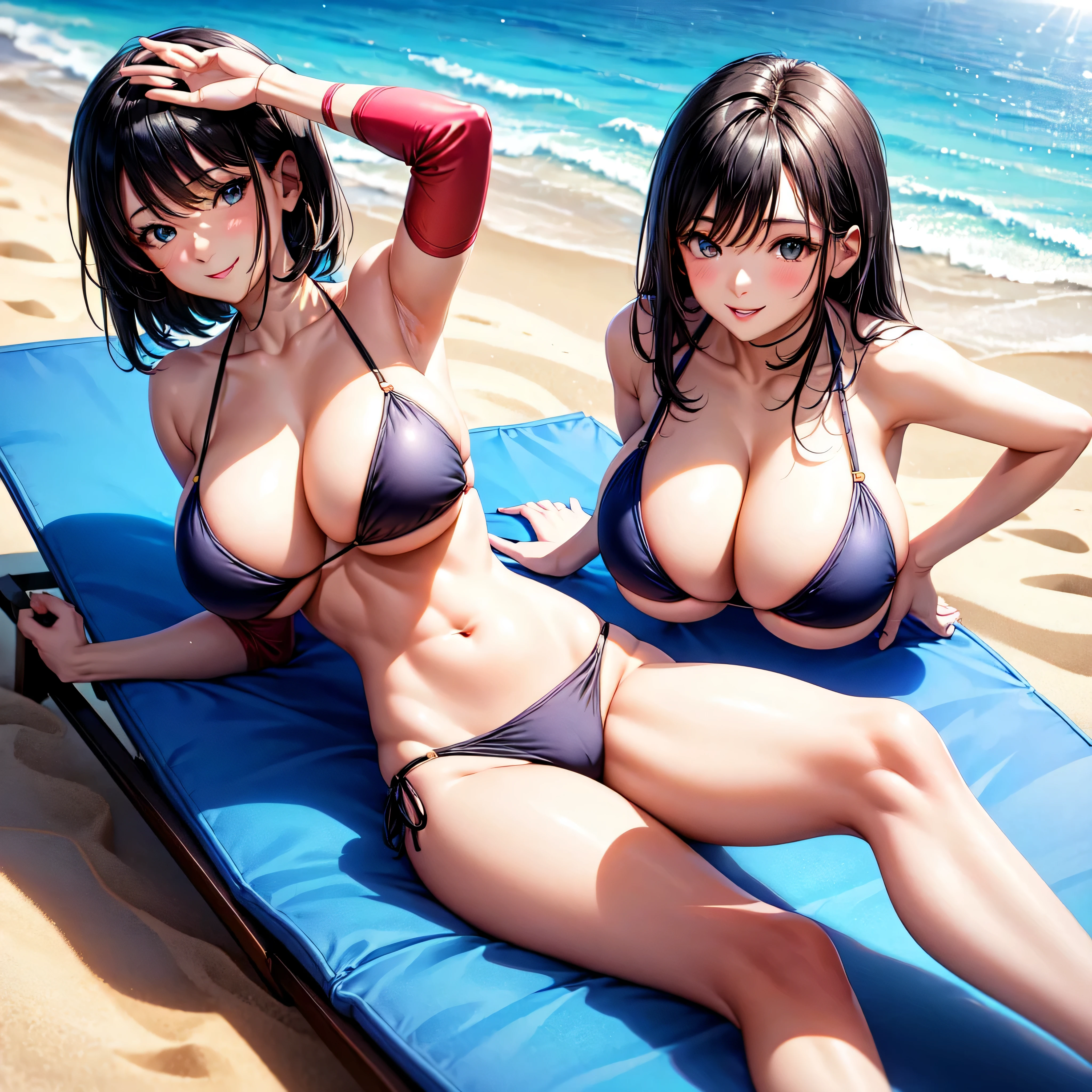 Two big-breasted bikini beauties(look at me with your eyes,Looks like I have to take off my clothes)(perfect face)(The legs are long)(Lie on a beach lounger)(Smile)(The skin is very white)(black hair)(face me)
(beautiful )