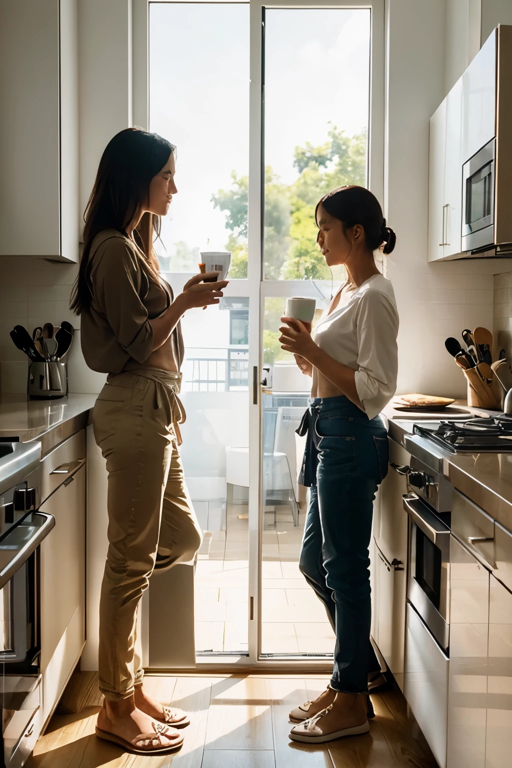 In a modern kitchen, someone stands by the counter, sipping soy milk from a stylish mug, with a content expression and morning sunlight streaming through the window.