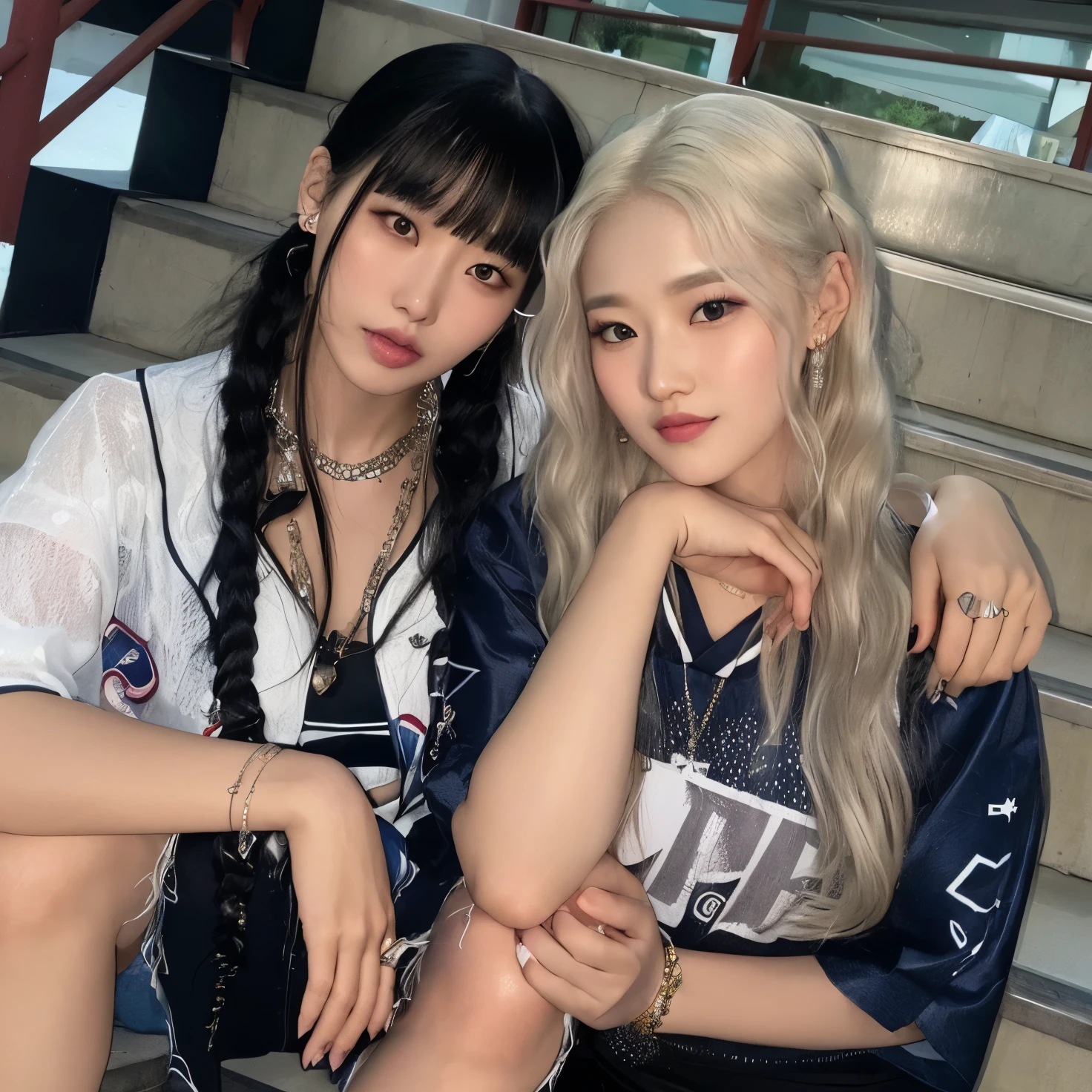 (8K)、(Top image quality:1.5)、masterpiece、Delicat eyes、delicated face、Colossal tits:1.2、、alluring face、platinum hair、Hands behind your back、Cute clothes、gals、In the street、Good friend duo、embracing each other