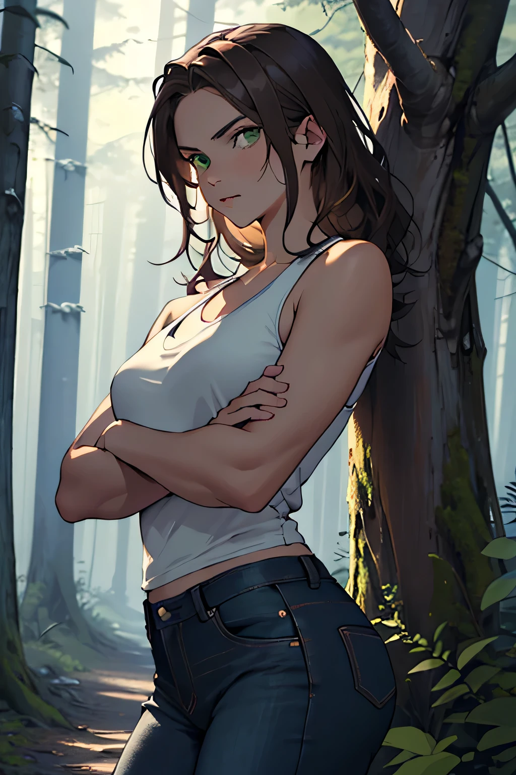 ((best quality)), ((masterpiece)), (detailed), perfect face, young woman, woman, shoulder length straight brown hair, green eyes, serious, wearing tanktop and black jeans, crossing arms, background is a dark forest at night