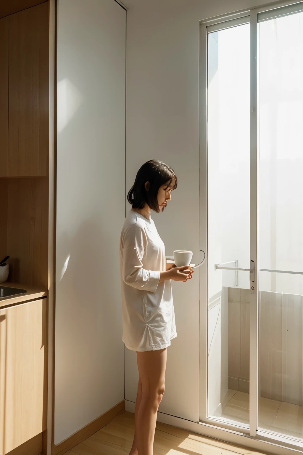 in a minimalist environment,Standing alone by the window,Savoring a cup of soy milk,Soft natural light creates a tranquil scene。