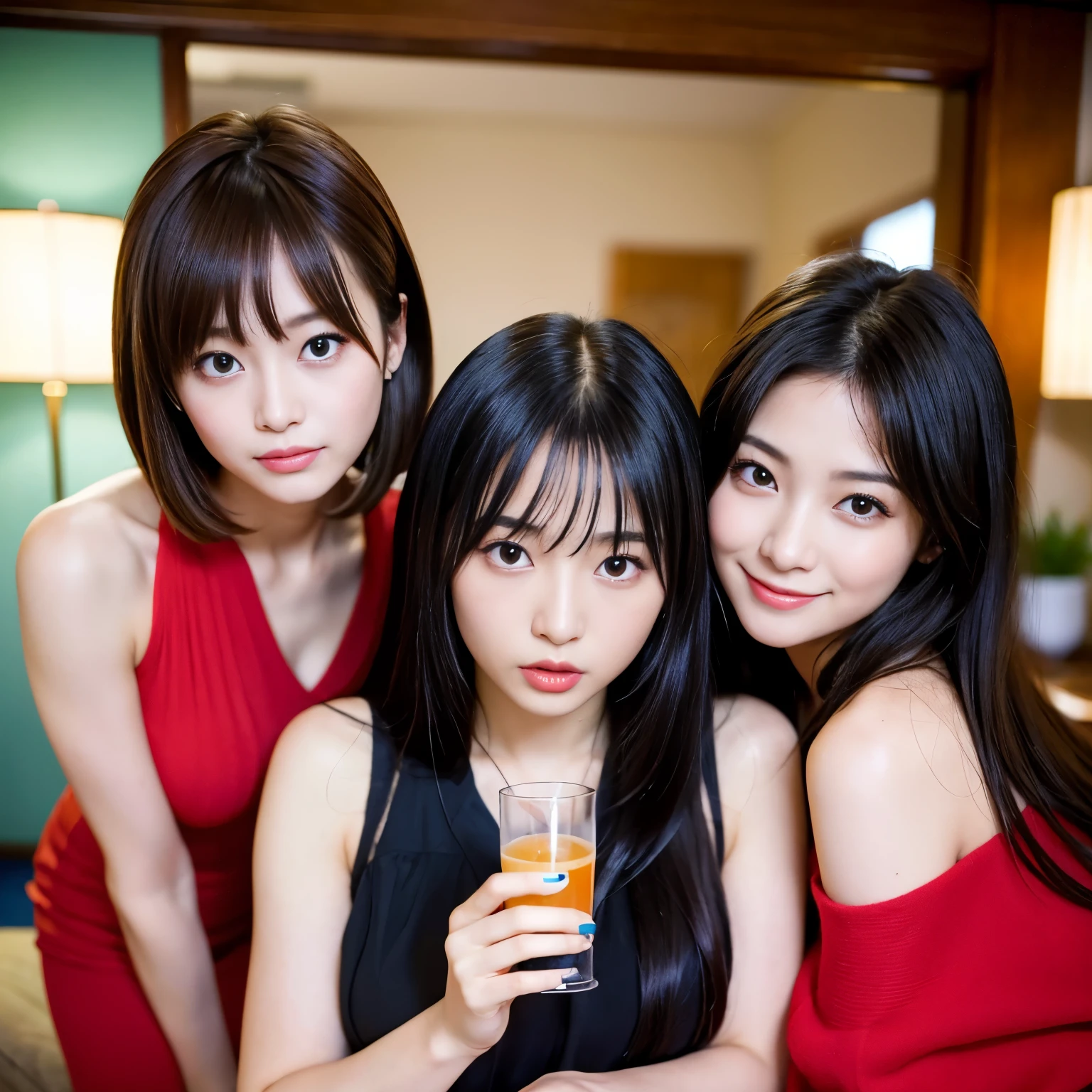 Best-quality, Masterpiece, Ultra-High-Resolution, (Photorealistic:1.4), Raw-Photo, Extremely-Details, Perfect-Anatomies, 3girls, 12-years-old and the most popular Japanese idol, 30-years-old and the most popular Japanese actress, 20-years-old and the most popular Japanese model, all having a lot of fun at home-drinking-party, all sitting luxury-sofa, all hold each glass of alcohol, all completely-drunk, all different faces, extremely cute face like the most popular Japanese idol, extremely beautiful face like the most popular Japanese actress, extremely pretty face like the most popular Japanese model, all extremely beautiful eyes, all extremely beautiful and each different colored hair, all extremely beautiful skins