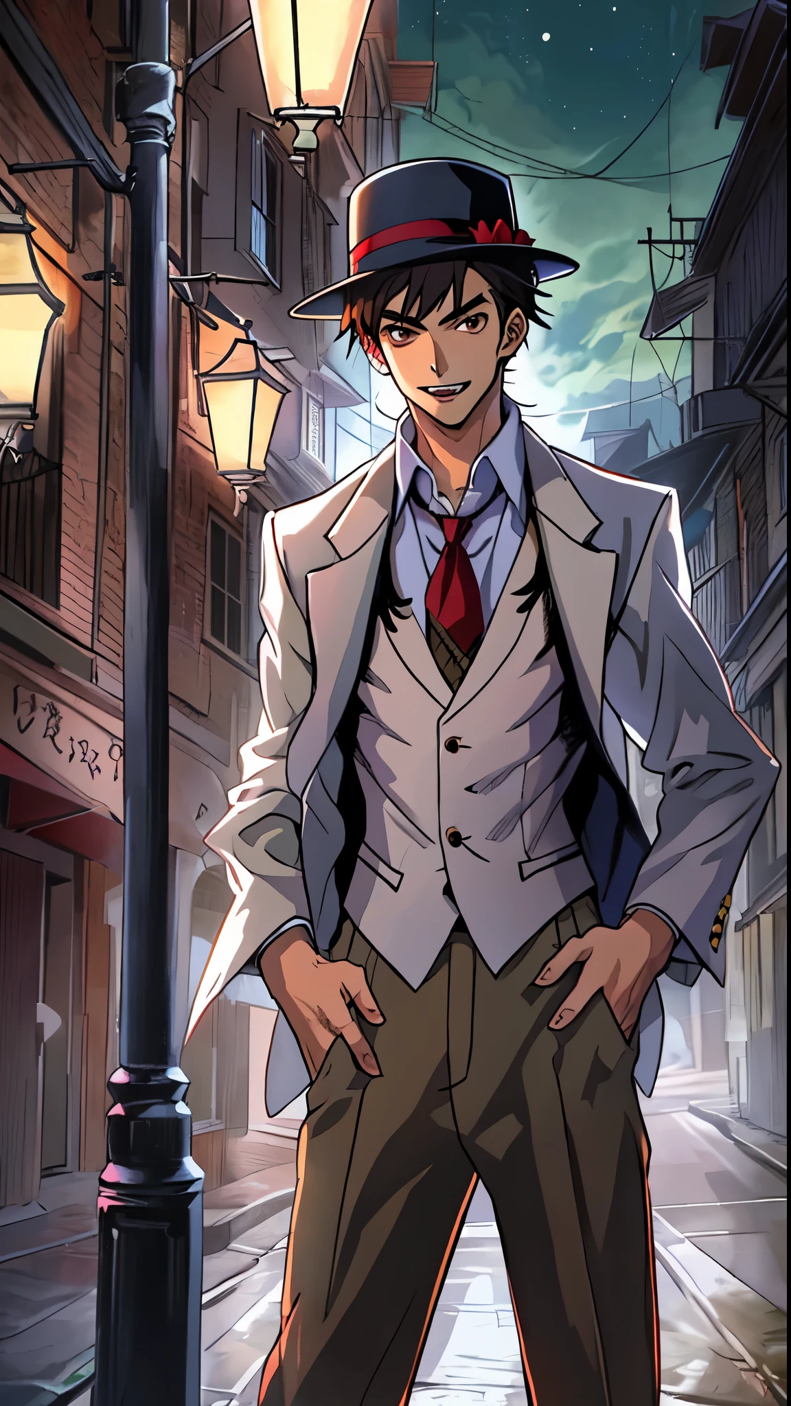 (anime) 1 boy, john foo is a vampire, standing beneath a street light, vampire, 1920's ,wearing a white suit and tie (vest), fedora, brown eyes, fangs, (manga panel)