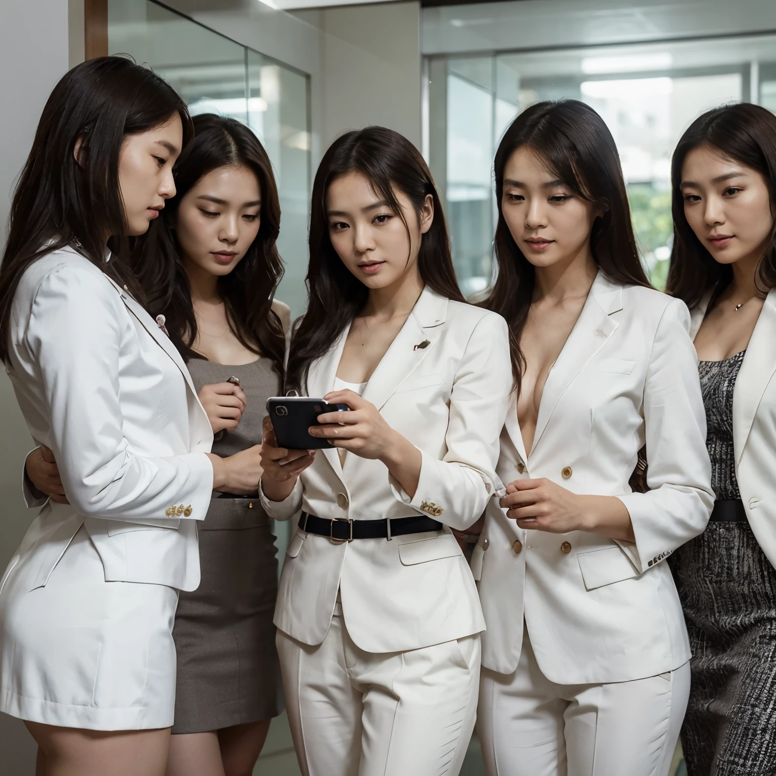 A Japanese-looking man wearing a white suit is playing with a mobile phone. His face was tagged with AI's name. There were four beautiful women as secretaries standing around.