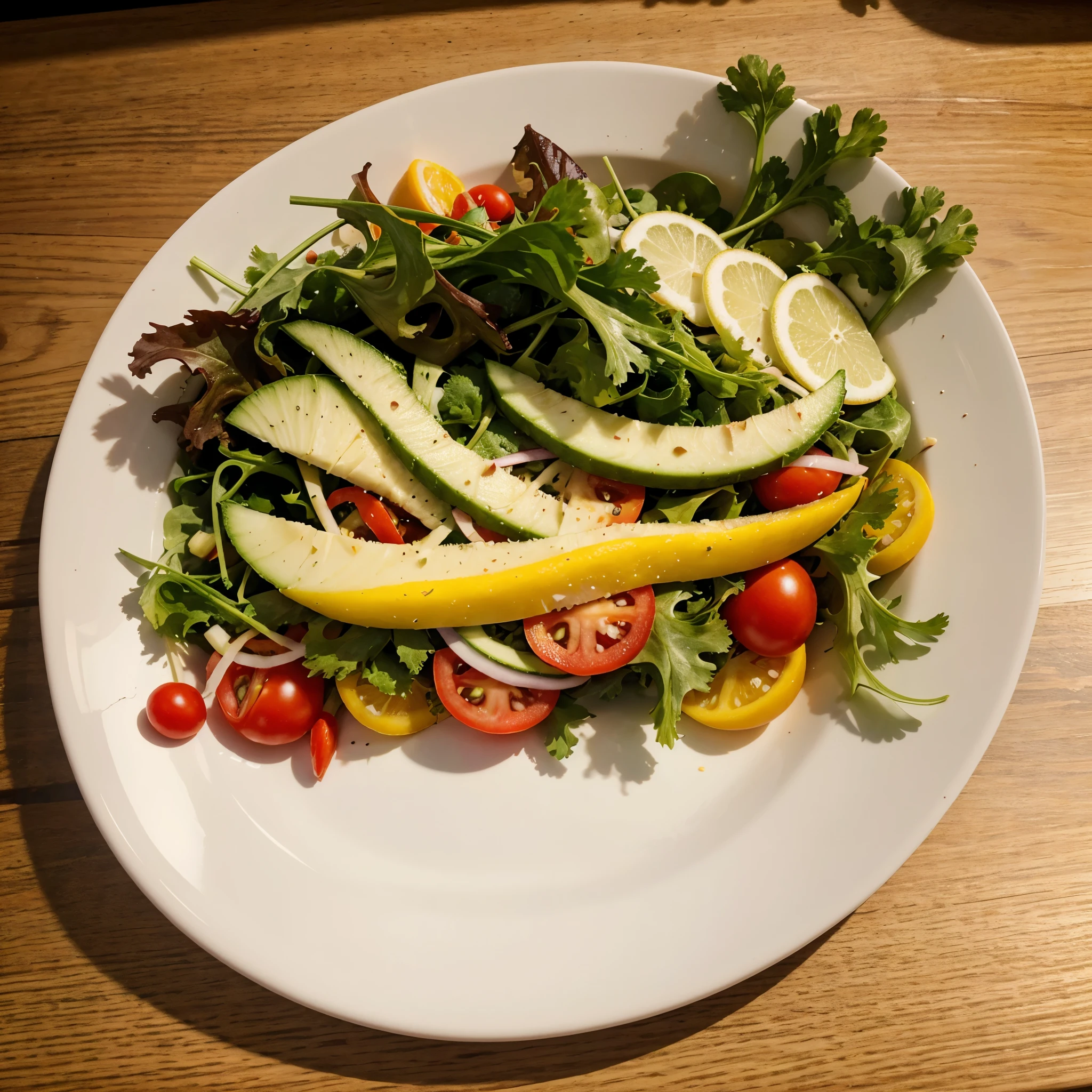 Generate a realistic, high-quality image of a salad plate from above, with a visual style optimized for advertising. The image should highlight the freshness and variety of ingredients. include an attractive composition, with vibrant colors and lighting that highlights the details of the dish. The image must be appetizing and inviting to be used for advertising healthy foods. Include a variety of fresh vegetables and other healthy ingredients., cinematic, photo