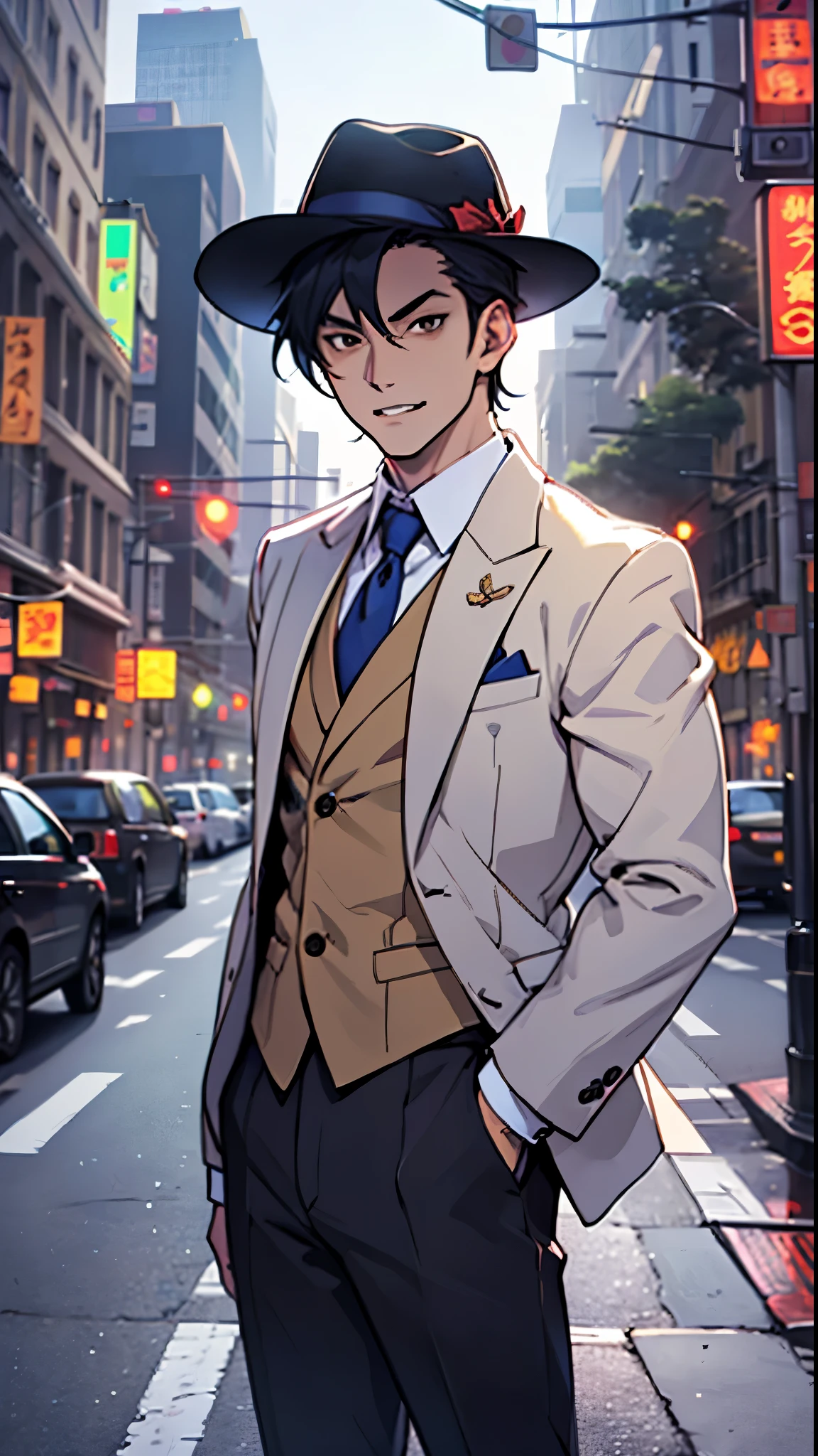 (anime) 1 boy, john foo is a vampire, standing beneath a street light, vampire, 1920's ,wearing a white suit and tie, fedora, brown eyes, fangs, (manga panel)