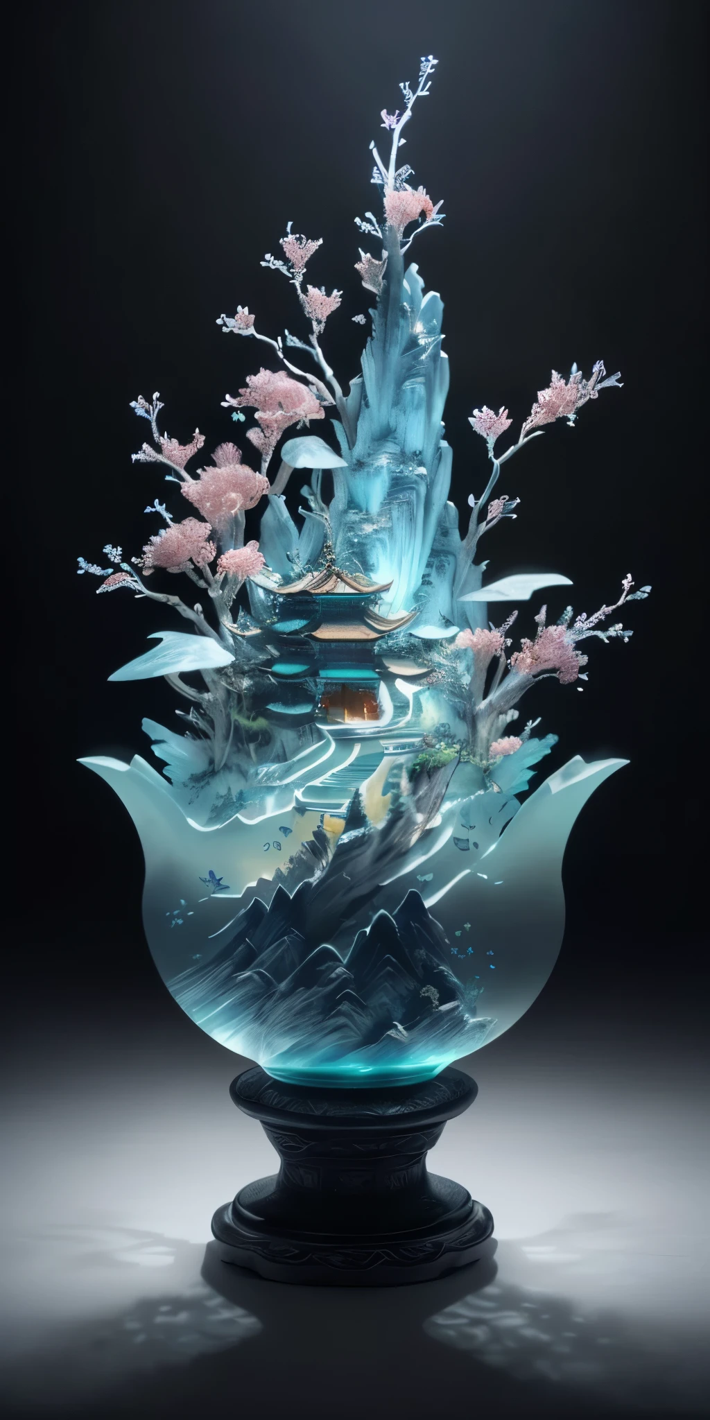 best quality, realistic, photorealistic, ultra detailed, "Mountain of Flower and Fruit+Fairy+Chinese Architecture" highly detailed carving on "southern ice" porcelain,Ultra wide angle,Accent Lighting,Volumetric Lighting,backlighting, (detailed light),((an extremely delicate and beautiful)),dramatic_shadow,ray_tracing,hdr