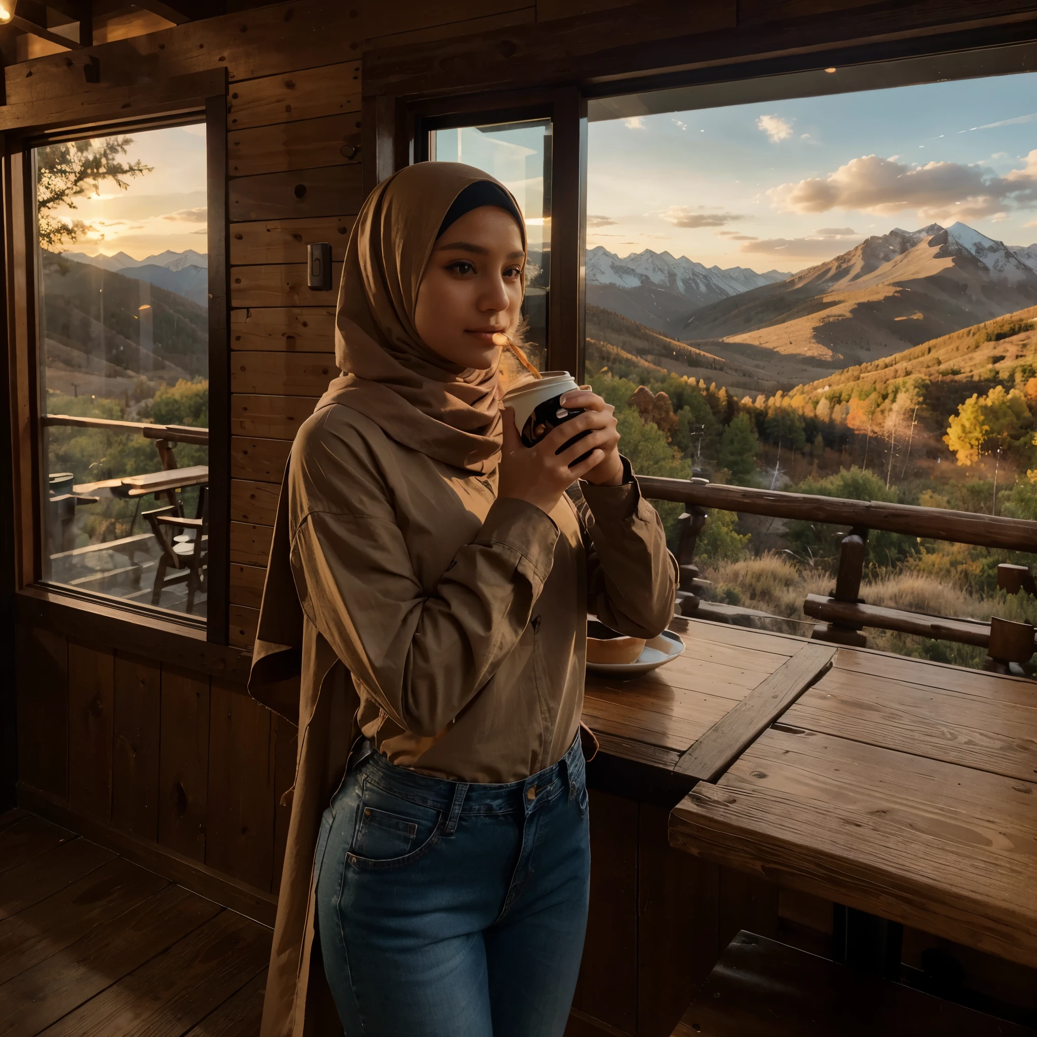 Create a photograph of a woman wears long hijab, long shirt and jeans, she is drinking her coffee at coffee shop cabin theme, lication on beautifull mountain, the weather is so windy, sunset, surroundings by woods, ultra hd picture
