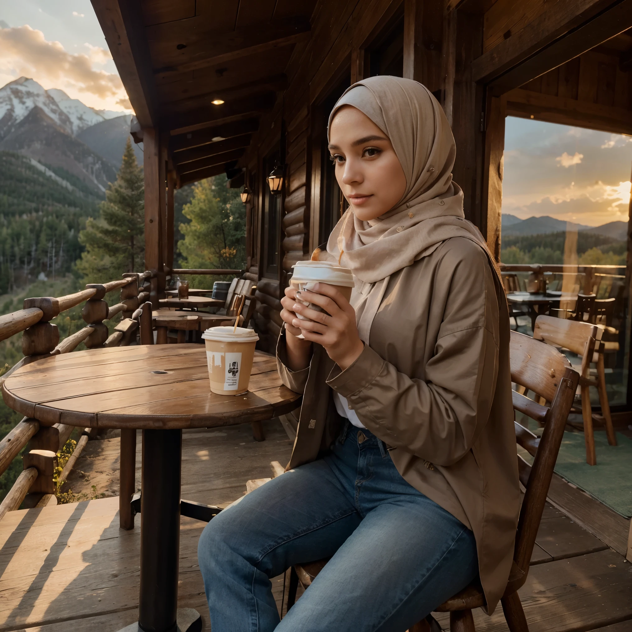 Create a photograph of a woman wears long hijab, long shirt and jeans, she is drinking her coffee at coffee shop cabin theme, lication on beautifull mountain, the weather is so windy, sunset, surroundings by woods, ultra hd picture