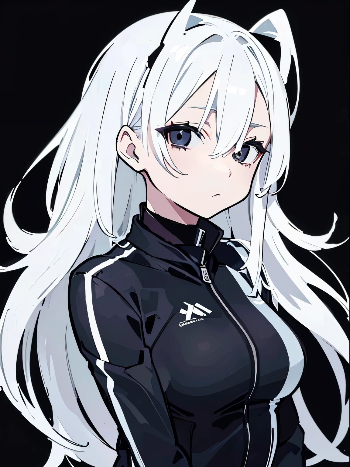 ((Racing suit)),((White hair)),(Tights),Sexy,A person,Alone,(Upper Body),Half-length photo,Simple style,Simple details,Black background,Black background wall,(Sagging hair),(20 year old woman)
