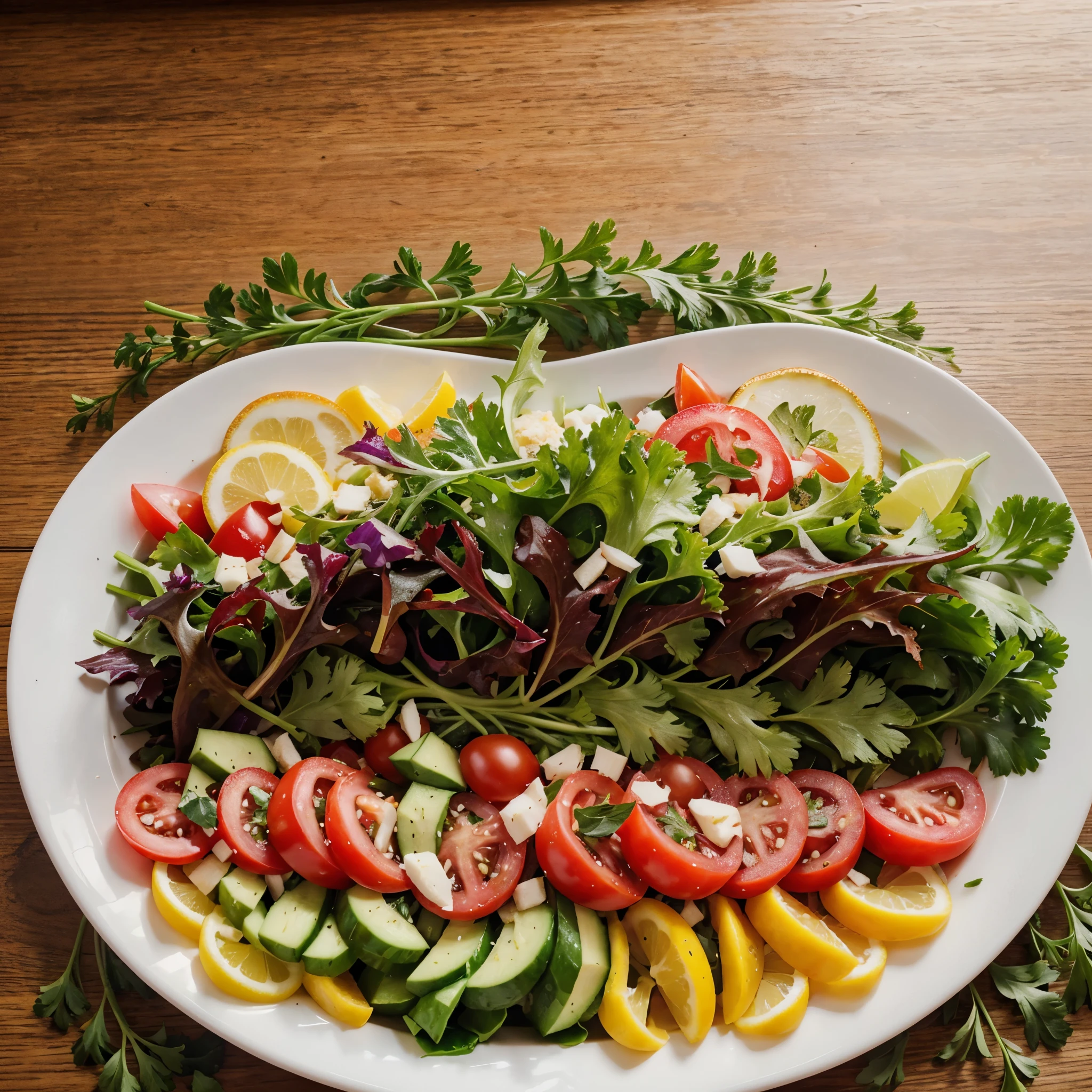 Generate a realistic, high-quality photo of a salad plate from above, with a visual style optimized for advertising. The image should highlight the freshness and variety of ingredients. include an attractive composition, with vibrant colors and lighting that highlights the details of the dish. The image must be appetizing and inviting to be used for advertising healthy foods. Include a variety of fresh vegetables and other healthy ingredients., cinematic, photo