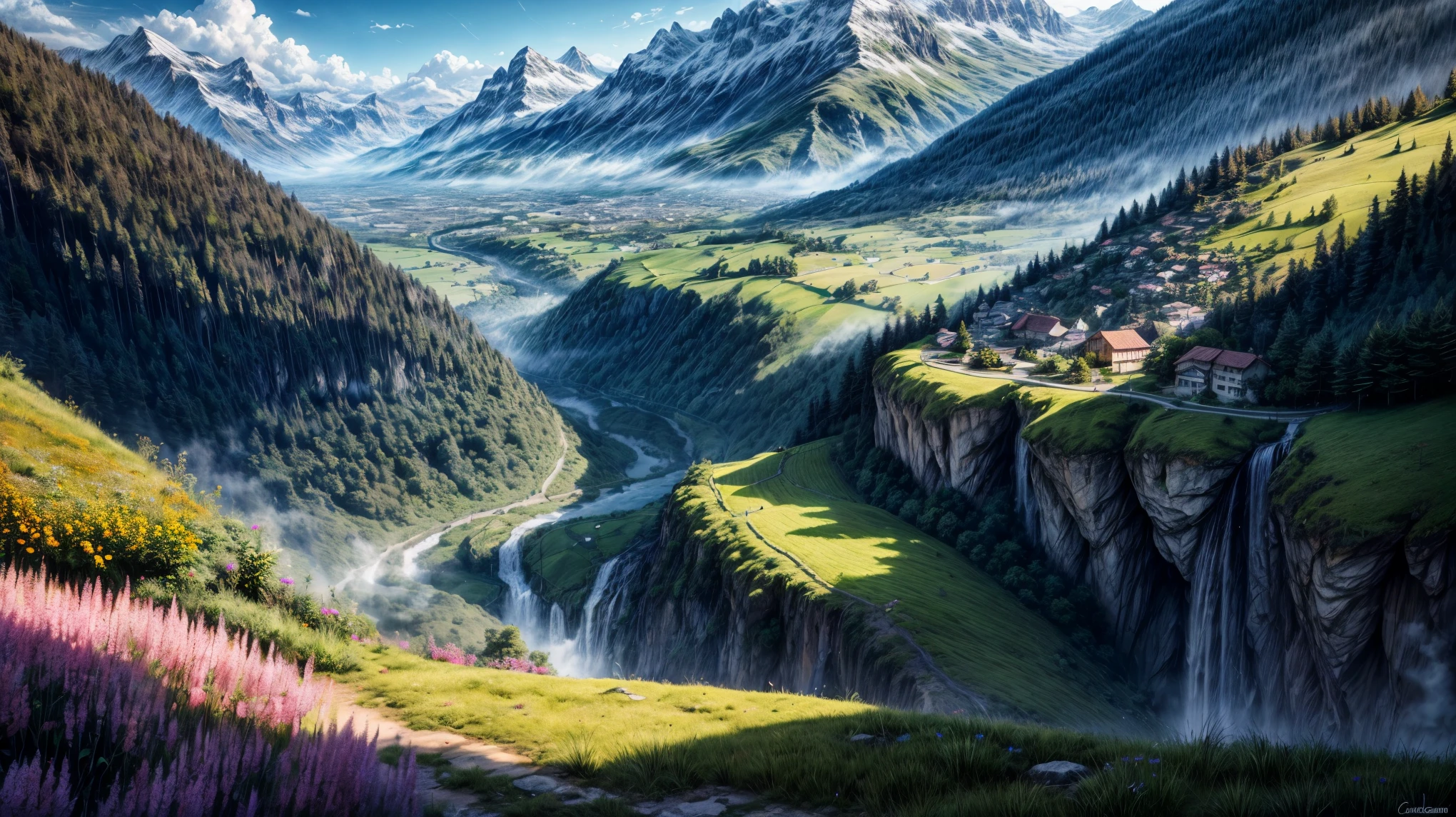 masterpiece, best quality, 16K UHD, futuristic floating city, contemplating the scenic beauty, a girl in a futuristic outfit with short bobbed hair, ultra-detailed, photo-realistic, huge urban high-tech tablet platform, advanced architecture blending seamlessly with nature, surrounded by small airships and colorful lights, transparent pathway leading to the building, lush greenery and cascading waterfalls, epic sunset illuminating the magnificent skyline, sparkling river reflecting the vibrant colors, minimalist design with harmony and sustainability,Peaceful and idyllic countryside, Rolling green hills dotted with grazing sheep, Charming villa,Set amidst vibrant flowers, Clear blue sky overhead, Evokes a sense of peace and simplicity, Valle encantador, switzerland, patches of green fields, lush countryside, Valle exuberante,An idyllic village in Milan,,verdant green fields,above a village,Rolling terraces,Colorful garden of flowers and plants,Alpine scenery in the Swiss countryside under the Alps,Carl Sessel Bern,Majestic nature, Swiss architecture, lindo cenario, rios,waterfall