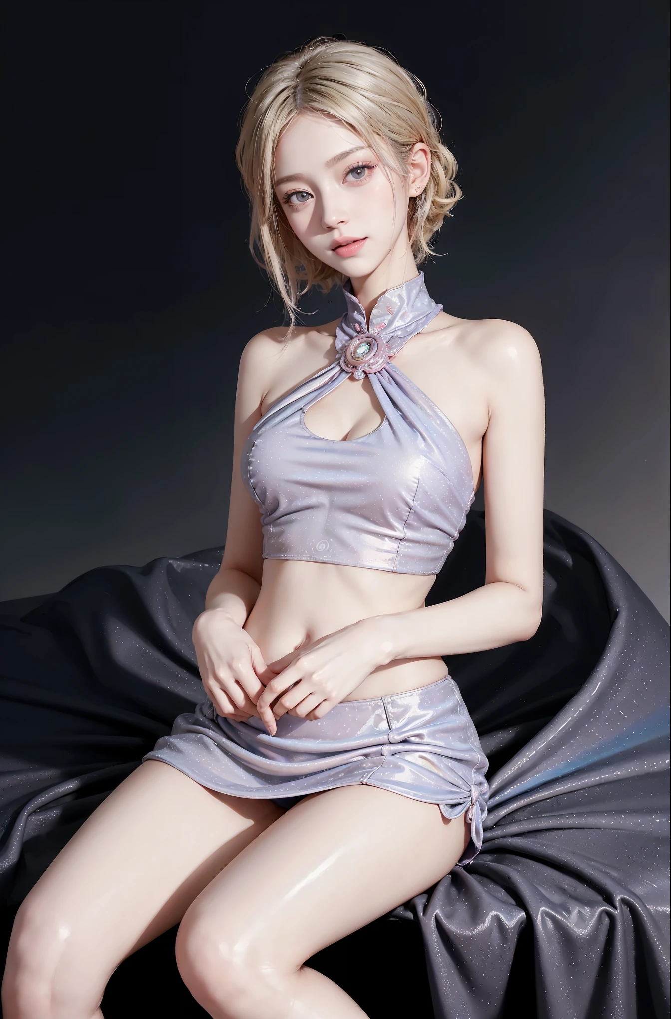 dress,navel, (knee shot), (Surrealism), (illustration), (Resolution enhancement), (8k), (Very detailed), (Best illustration), (beautiful and delicate eyes), (best quality), (super detailed), (masterpiece ), ( wallpaper), (Detailed face),one blonde, curls,(High top fade in and out:1.3), (Smile brightly, bright look), dark theme, soothing tone, pastel colors, high contrast, (natural skin texture, Surrealism主义, soft light, impatient),exposure blending, medium shot, Bokeh, (human development report:1.4), high contrast, (Movie, teal and orange:0.85), (pastel colors, fade, soothing tone:1.3), high saturation, (super detailed:1.2),(big breasts :1.2)