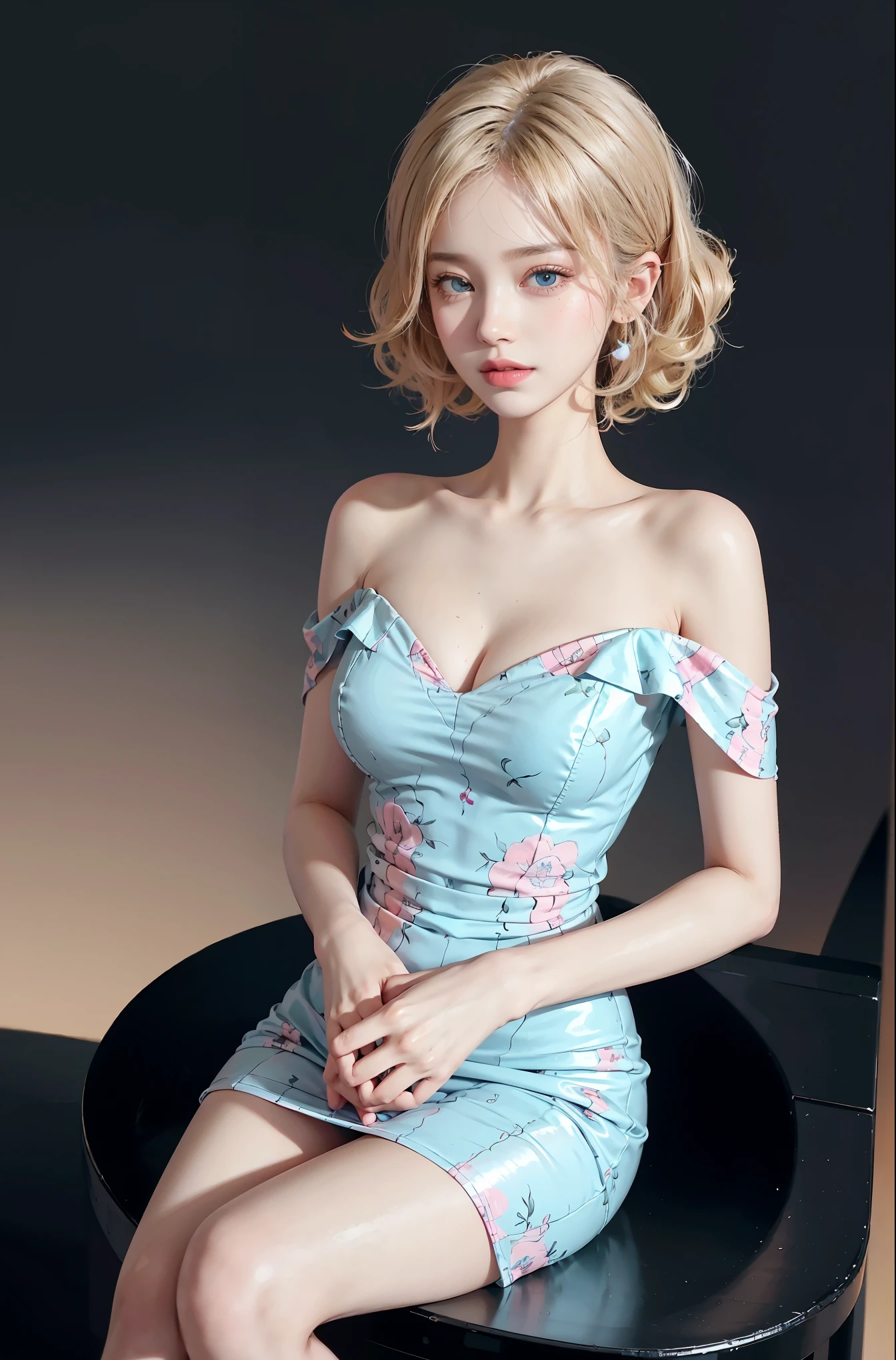 print dress, off shoulder, (knee shot), (Surrealism), (illustration), (Resolution enhancement), (8k), (Very detailed), (Best illustration), (beautiful and delicate eyes), (best quality), (super detailed), (masterpiece ), ( wallpaper), (Detailed face),one blonde, curls,(High top fade in and out:1.3), (Smile brightly, bright look), dark theme, soothing tone, pastel colors, high contrast, (natural skin texture, Surrealism主义, soft light, impatient),exposure blending, medium shot, Bokeh, (human development report:1.4), high contrast, (Movie, teal and orange:0.85), (pastel colors, fade, soothing tone:1.3), high saturation, (super detailed:1.2),(big breasts :1.2)