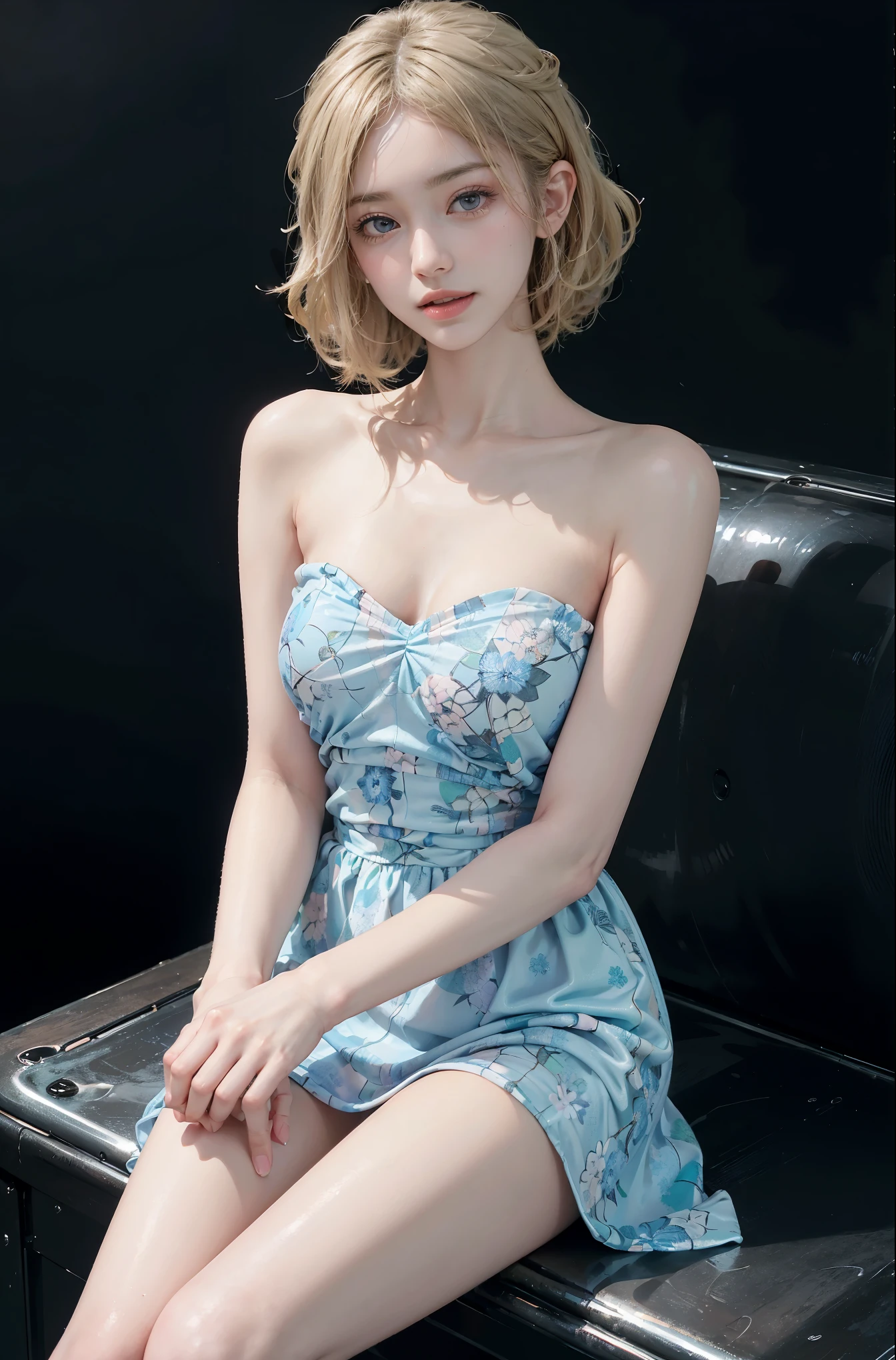 bare shoulders, dress,, (knee shot), (Surrealism), (illustration), (Resolution enhancement), (8k), (Very detailed), (Best illustration), (beautiful and delicate eyes), (best quality), (super detailed), (masterpiece ), ( wallpaper), (Detailed face),one blonde, curls,(High top fade in and out:1.3), (Smile brightly, bright look), dark theme, soothing tone, pastel colors, high contrast, (natural skin texture, Surrealism主义, soft light, impatient),exposure blending, medium shot, Bokeh, (human development report:1.4), high contrast, (Movie, teal and orange:0.85), (pastel colors, fade, soothing tone:1.3), high saturation, (super detailed:1.2),(big breasts :1.2)