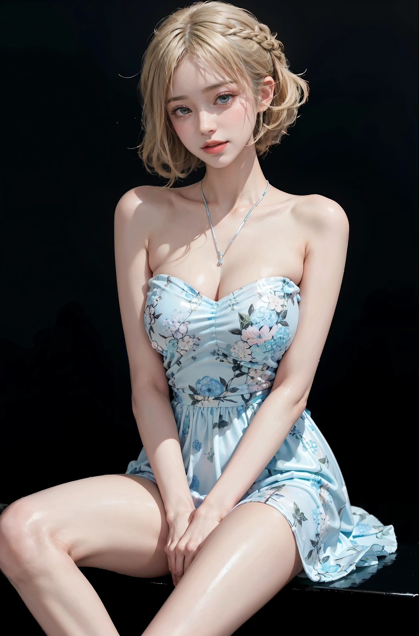 bare shoulders, dress,, (knee shot), (Surrealism), (illustration), (Resolution enhancement), (8k), (Very detailed), (Best illustration), (beautiful and delicate eyes), (best quality), (super detailed), (masterpiece ), ( wallpaper), (Detailed face),one blonde, curls,(High top fade in and out:1.3), (Smile brightly, bright look), dark theme, soothing tone, pastel colors, high contrast, (natural skin texture, Surrealism主义, soft light, impatient),exposure blending, medium shot, Bokeh, (human development report:1.4), high contrast, (Movie, teal and orange:0.85), (pastel colors, fade, soothing tone:1.3), high saturation, (super detailed:1.2),(big breasts :1.2)