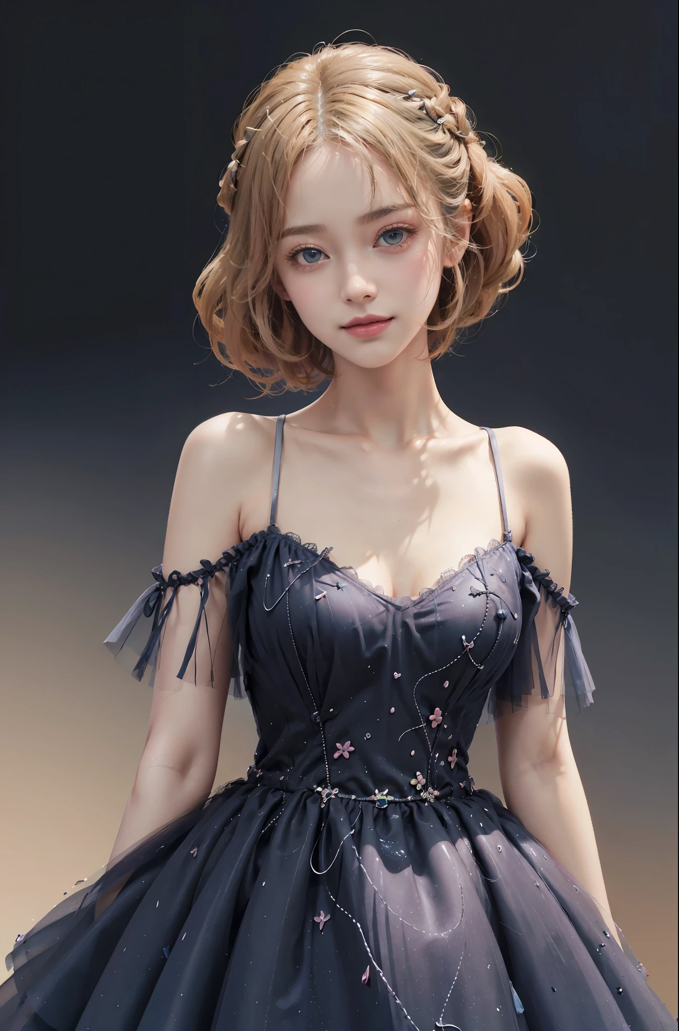 long dress,bare shoulders, (knee shot), (Surrealism), (illustration), (Resolution enhancement), (8k), (Very detailed), (Best illustration), (beautiful and delicate eyes), (best quality), (super detailed), (masterpiece ), ( wallpaper), (Detailed face),one blonde, curls,(High top fade in and out:1.3), (Smile brightly, bright look), dark theme, soothing tone, pastel colors, high contrast, (natural skin texture, Surrealism主义, soft light, impatient),exposure blending, medium shot, Bokeh, (human development report:1.4), high contrast, (Movie, teal and orange:0.85), (pastel colors, fade, soothing tone:1.3), high saturation, (super detailed:1.2),(big breasts :1.2)