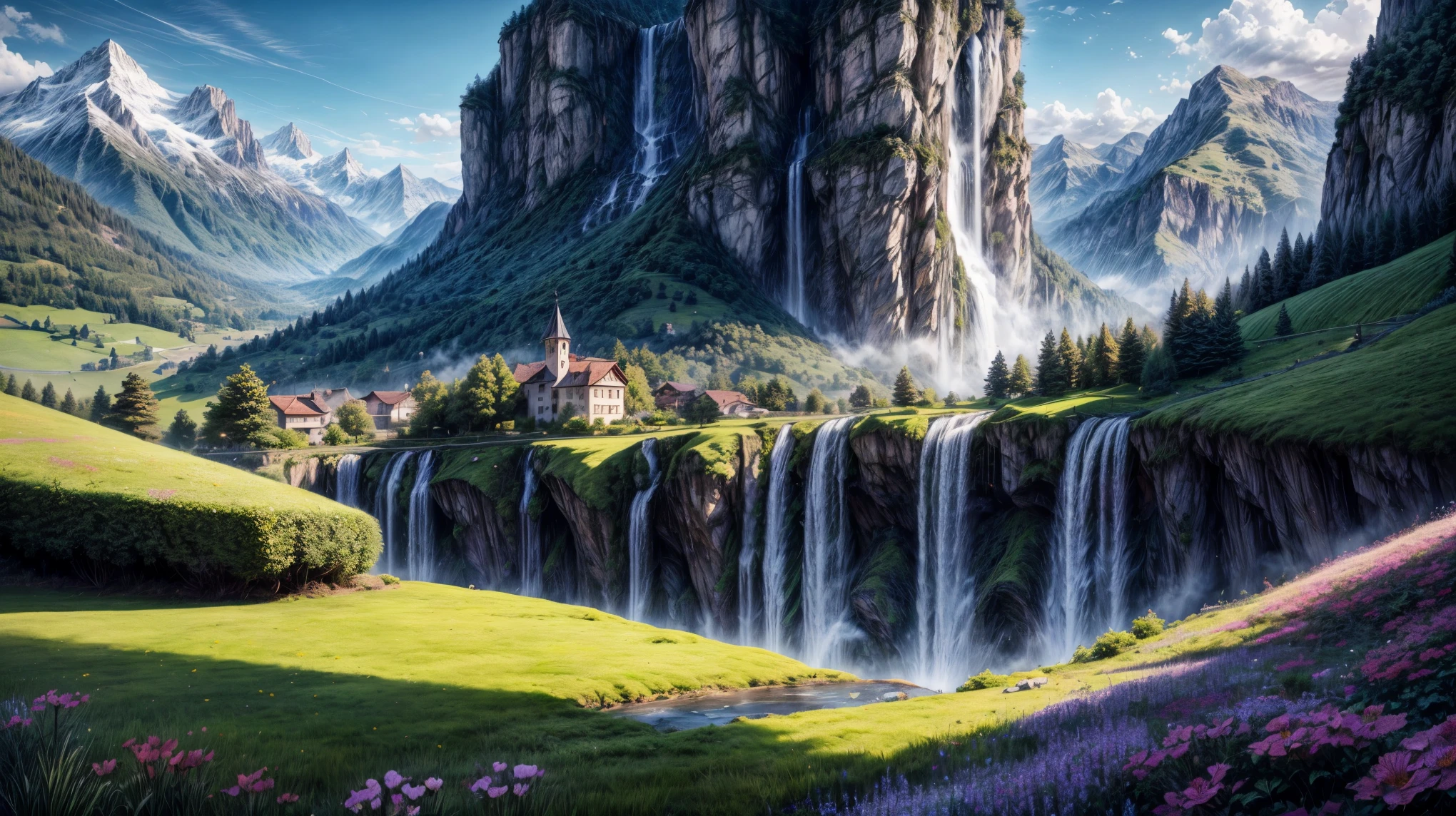 masterpiece, best quality, 16K UHD, futuristic floating city, contemplating the scenic beauty, a girl in a futuristic outfit with short bobbed hair, ultra-detailed, photo-realistic, huge urban high-tech tablet platform, advanced architecture blending seamlessly with nature, surrounded by small airships and colorful lights, transparent pathway leading to the building, lush greenery and cascading waterfalls, epic sunset illuminating the magnificent skyline, sparkling river reflecting the vibrant colors, minimalist design with harmony and sustainability,Peaceful and idyllic countryside, Rolling green hills dotted with grazing sheep, Charming villa，Set amidst vibrant flowers, Clear blue sky overhead, Evokes a sense of peace and simplicity, Valle encantador, switzerland, patches of green fields, lush countryside, Valle exuberante,An idyllic village in Milan,，verdant green fields，above a village，Rolling terraces，Colorful garden of flowers and plants，Alpine scenery in the Swiss countryside under the Alps，Carl Sessel Bern，Majestic nature, Swiss architecture, lindo cenario, rios，waterfall