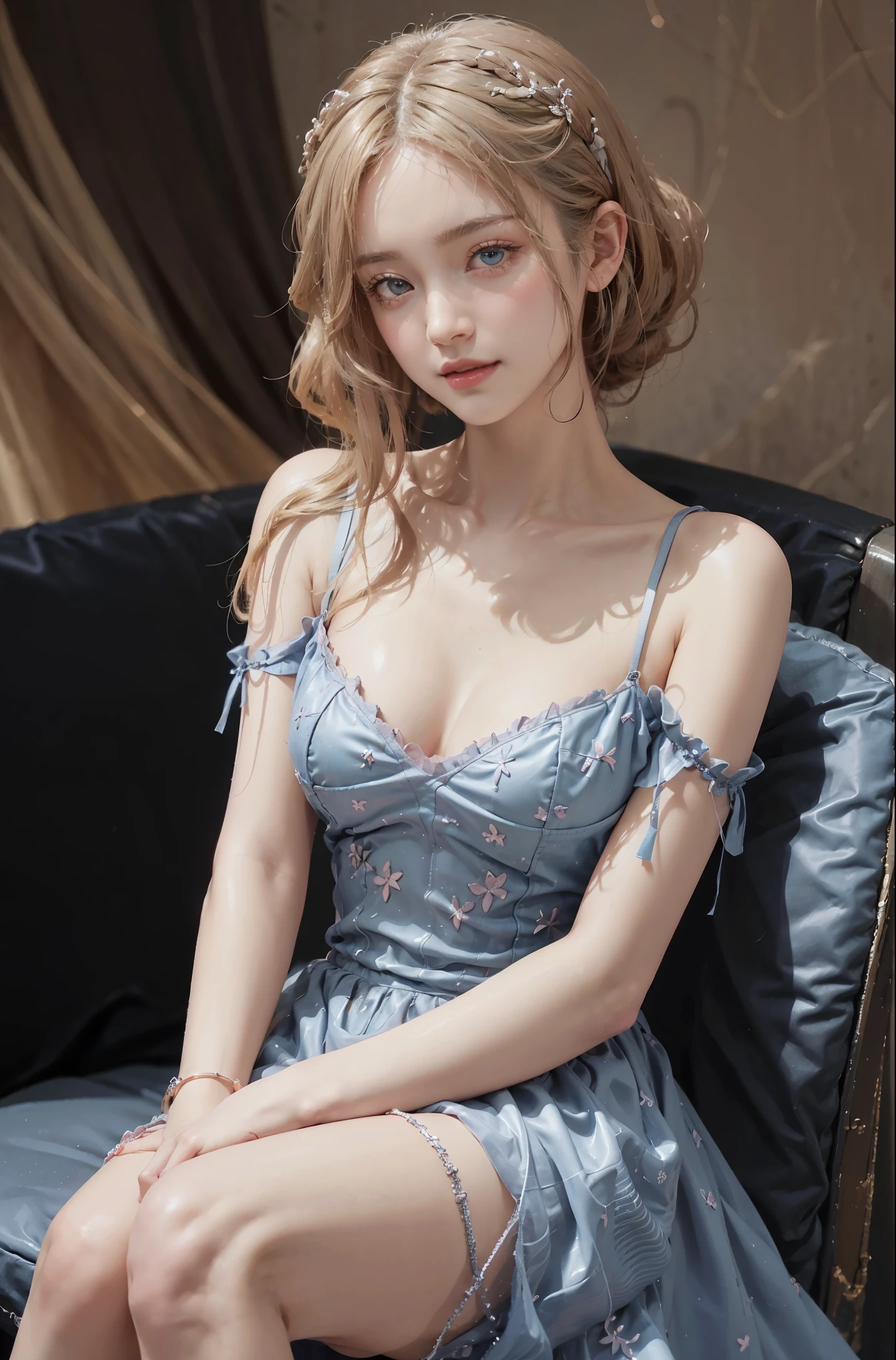 long dress,bare shoulders, (knee shot), (Surrealism), (illustration), (Resolution enhancement), (8k), (Very detailed), (Best illustration), (beautiful and delicate eyes), (best quality), (super detailed), (masterpiece ), ( wallpaper), (Detailed face),one blonde, curls,(High top fade in and out:1.3), (Smile brightly, bright look), dark theme, soothing tone, pastel colors, high contrast, (natural skin texture, Surrealism主义, soft light, impatient),exposure blending, medium shot, Bokeh, (human development report:1.4), high contrast, (Movie, teal and orange:0.85), (pastel colors, fade, soothing tone:1.3), high saturation, (super detailed:1.2),(big breasts :1.2)