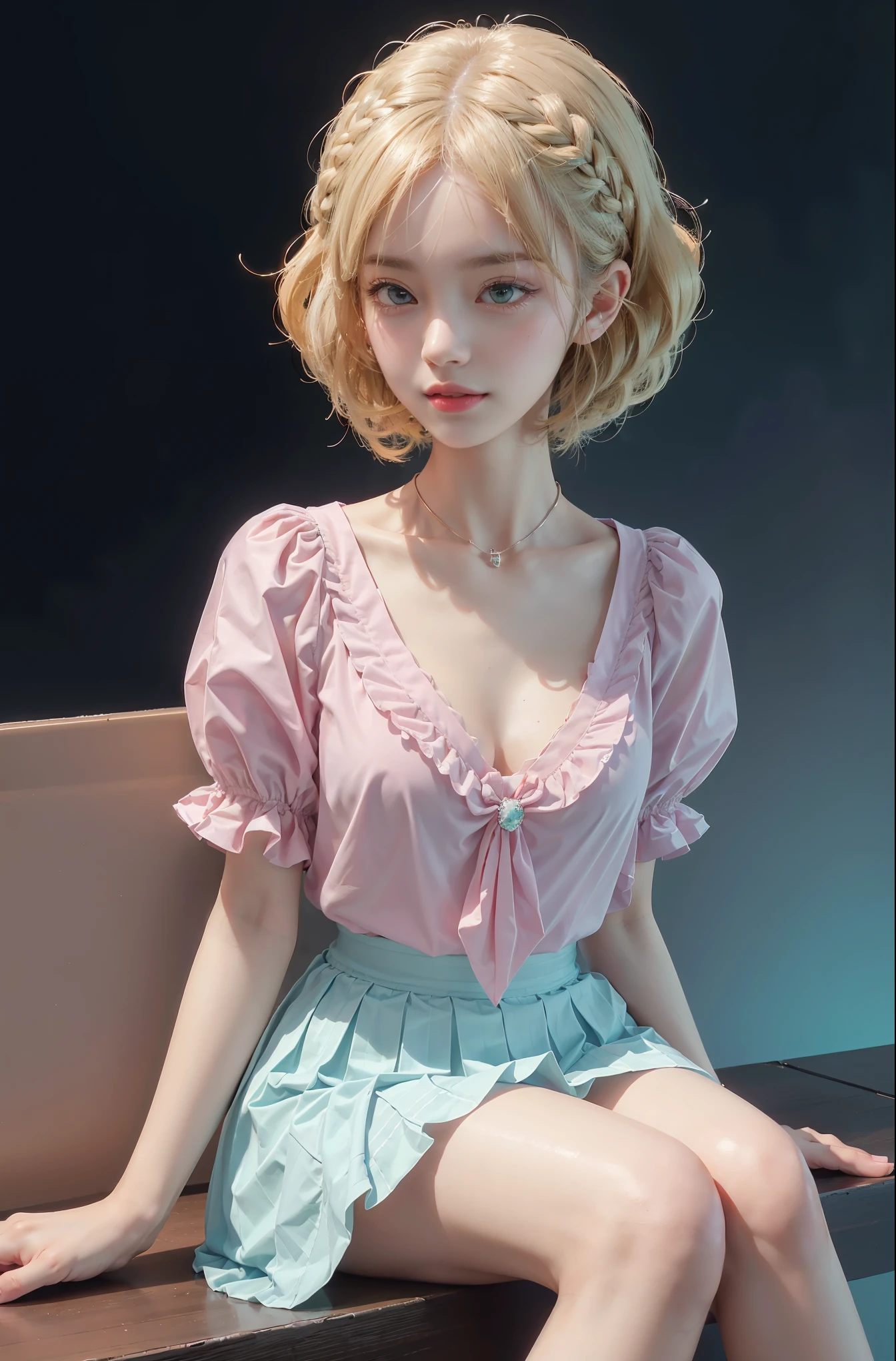 pleated skirt,pink skirt,pink sailor collar, (knee shot), (Surrealism), (illustration), (Resolution enhancement), (8k), (Very detailed), (Best illustration), (beautiful and delicate eyes), (best quality), (super detailed), (masterpiece ), ( wallpaper), (Detailed face),one blonde, curls,(High top fade in and out:1.3), (Smile brightly, bright look), dark theme, soothing tone, pastel colors, high contrast, (natural skin texture, Surrealism主义, soft light, impatient),exposure blending, medium shot, Bokeh, (human development report:1.4), high contrast, (Movie, teal and orange:0.85), (pastel colors, fade, soothing tone:1.3), high saturation, (super detailed:1.2),(big breasts :1.2)