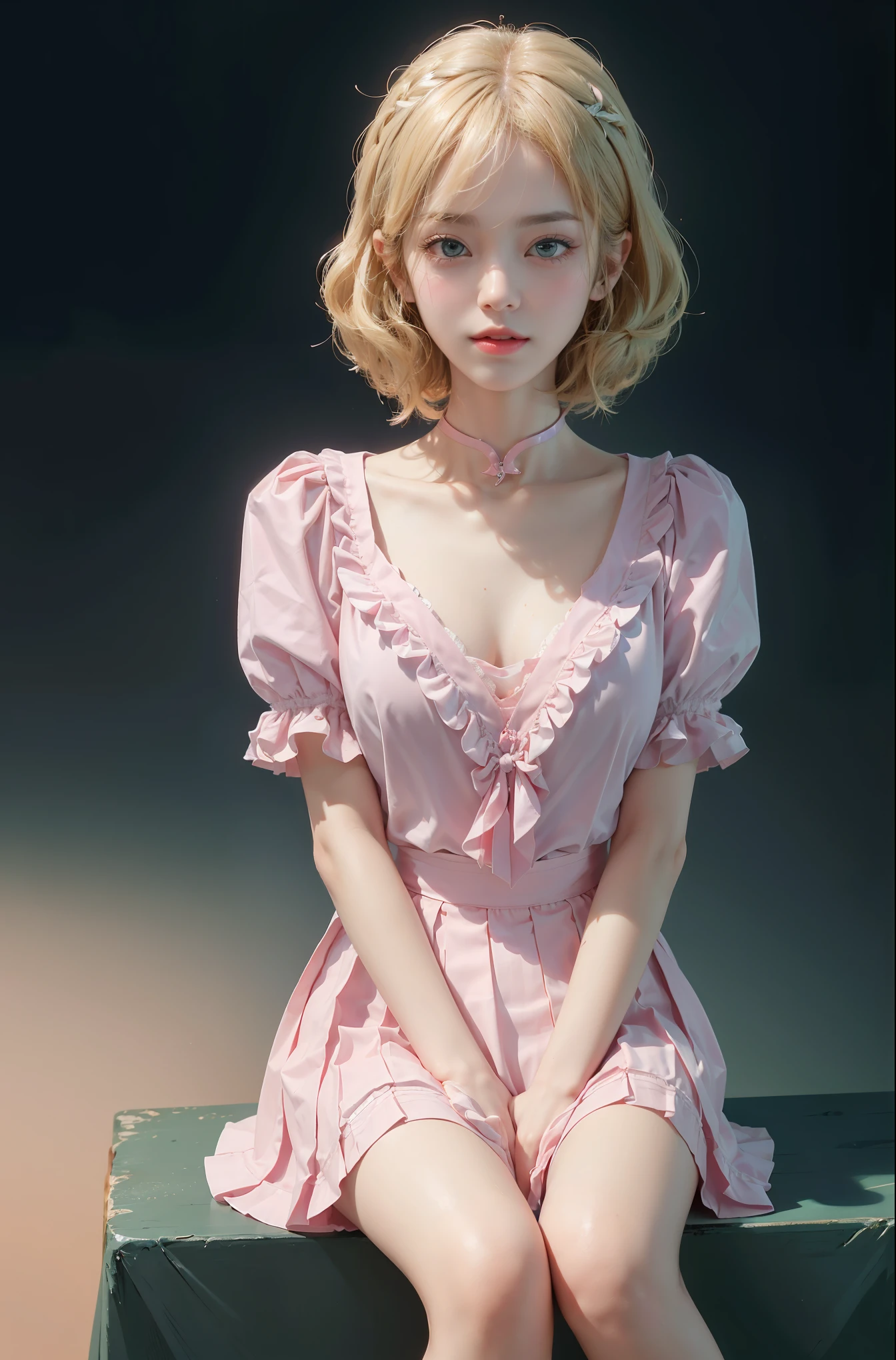 pleated skirt,pink skirt,pink sailor collar, (knee shot), (Surrealism), (illustration), (Resolution enhancement), (8k), (Very detailed), (Best illustration), (beautiful and delicate eyes), (best quality), (super detailed), (masterpiece ), ( wallpaper), (Detailed face),one blonde, curls,(High top fade in and out:1.3), (Smile brightly, bright look), dark theme, soothing tone, pastel colors, high contrast, (natural skin texture, Surrealism主义, soft light, impatient),exposure blending, medium shot, Bokeh, (human development report:1.4), high contrast, (Movie, teal and orange:0.85), (pastel colors, fade, soothing tone:1.3), high saturation, (super detailed:1.2),(big breasts :1.2)