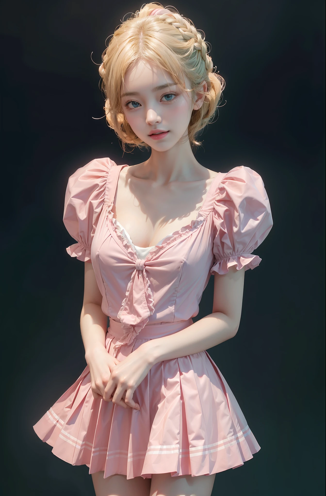 pleated skirt,pink skirt,pink sailor collar, (knee shot), (Surrealism), (illustration), (Resolution enhancement), (8k), (Very detailed), (Best illustration), (beautiful and delicate eyes), (best quality), (super detailed), (masterpiece ), ( wallpaper), (Detailed face),one blonde, curls,(High top fade in and out:1.3), (Smile brightly, bright look), dark theme, soothing tone, pastel colors, high contrast, (natural skin texture, Surrealism主义, soft light, impatient),exposure blending, medium shot, Bokeh, (human development report:1.4), high contrast, (Movie, teal and orange:0.85), (pastel colors, fade, soothing tone:1.3), high saturation, (super detailed:1.2),(big breasts :1.2)