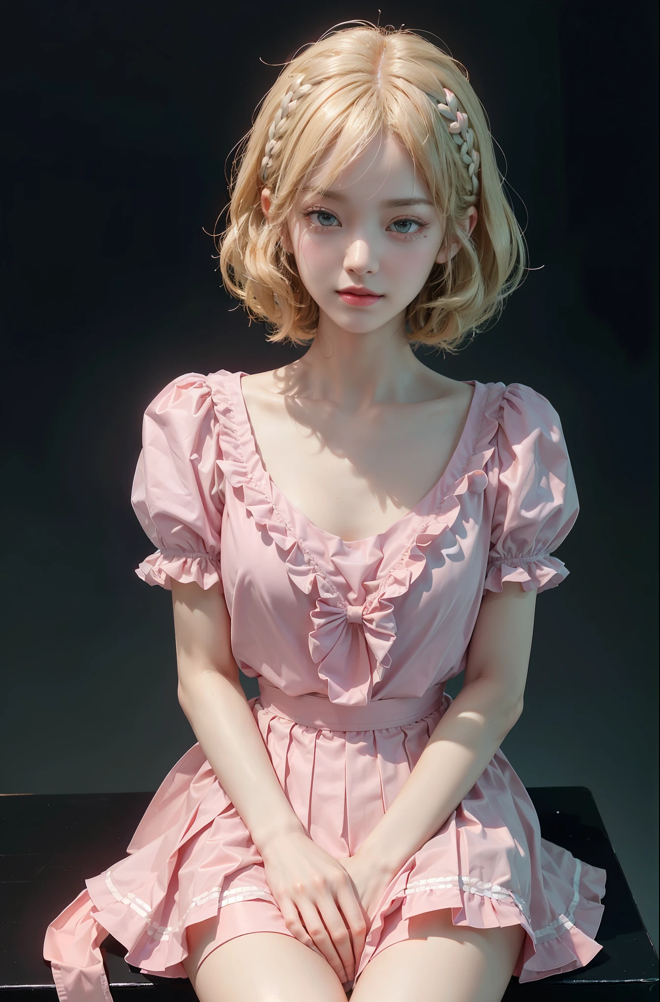 pleated skirt,pink skirt,pink sailor collar, (knee shot), (Surrealism), (illustration), (Resolution enhancement), (8k), (Very detailed), (Best illustration), (beautiful and delicate eyes), (best quality), (super detailed), (masterpiece ), ( wallpaper), (Detailed face),one blonde, curls,(High top fade in and out:1.3), (Smile brightly, bright look), dark theme, soothing tone, pastel colors, high contrast, (natural skin texture, Surrealism主义, soft light, impatient),exposure blending, medium shot, Bokeh, (human development report:1.4), high contrast, (Movie, teal and orange:0.85), (pastel colors, fade, soothing tone:1.3), high saturation, (super detailed:1.2),(big breasts :1.2)