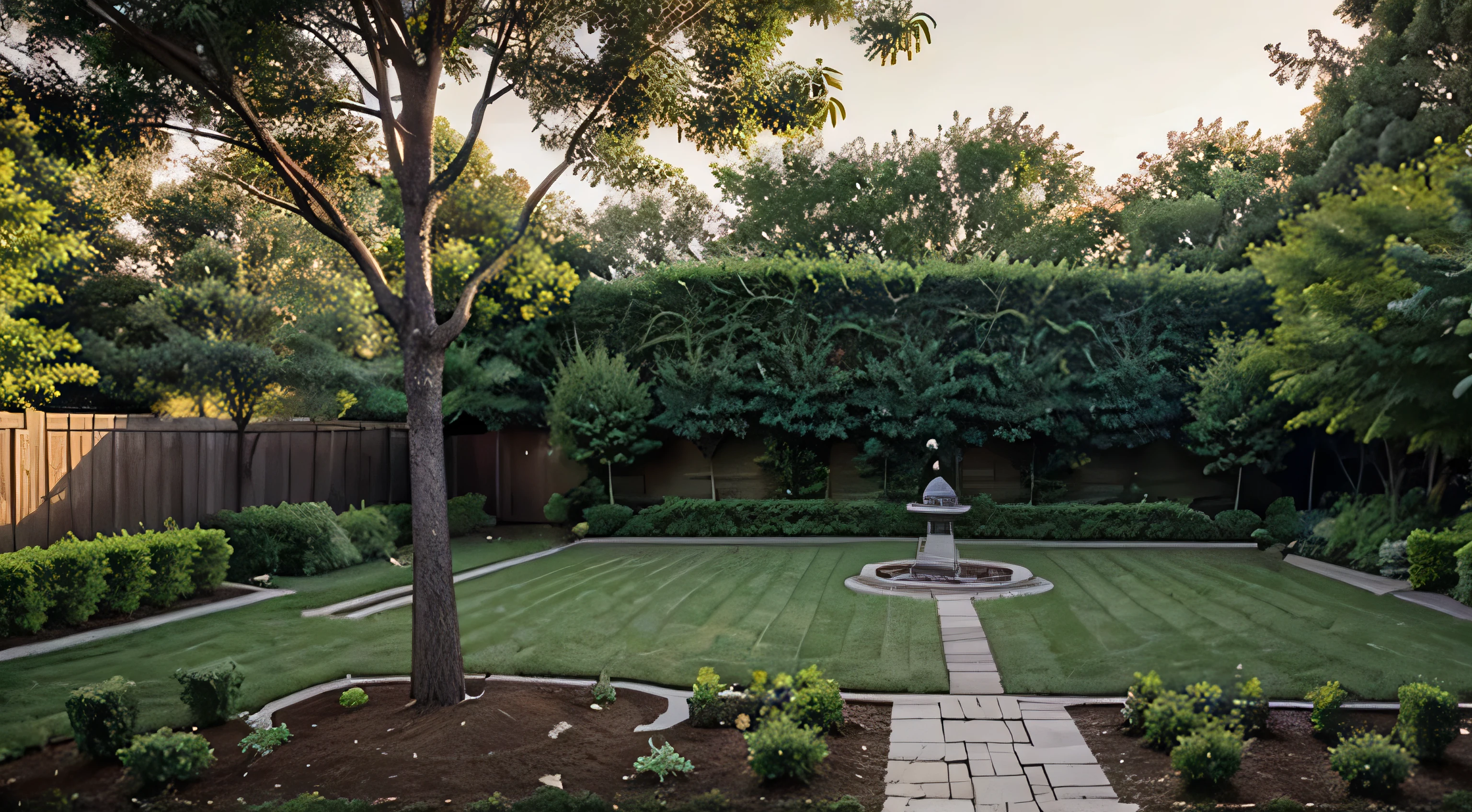 large backyard garden with large trees and corn garden