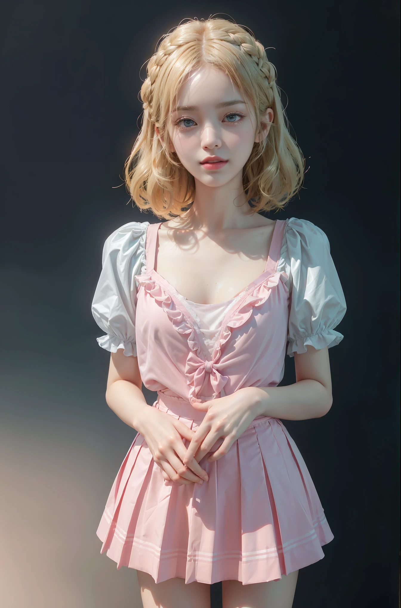 pleated skirt,pink skirt,pink sailor collar, (knee shot), (Surrealism), (illustration), (Resolution enhancement), (8k), (Very detailed), (Best illustration), (beautiful and delicate eyes), (best quality), (super detailed), (masterpiece ), ( wallpaper), (Detailed face),one blonde, curls,(High top fade in and out:1.3), (Smile brightly, bright look), dark theme, soothing tone, pastel colors, high contrast, (natural skin texture, Surrealism主义, soft light, impatient),exposure blending, medium shot, Bokeh, (human development report:1.4), high contrast, (Movie, teal and orange:0.85), (pastel colors, fade, soothing tone:1.3), high saturation, (super detailed:1.2),(big breasts :1.2)