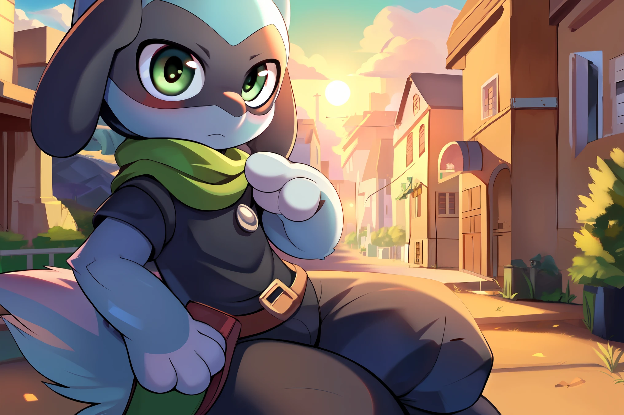 (((riolu))), young, cub, (((solo))), green eyes, long green scarf, ((green shirt)), (((black tunic))), messenger bag, ((black pants)), outside, (looking at viewer), (up close), sunny, blue sky, sun, ((fantasy town background)), Very good figure, masterpiece, super detail, high quality, best quality, highres, 16k