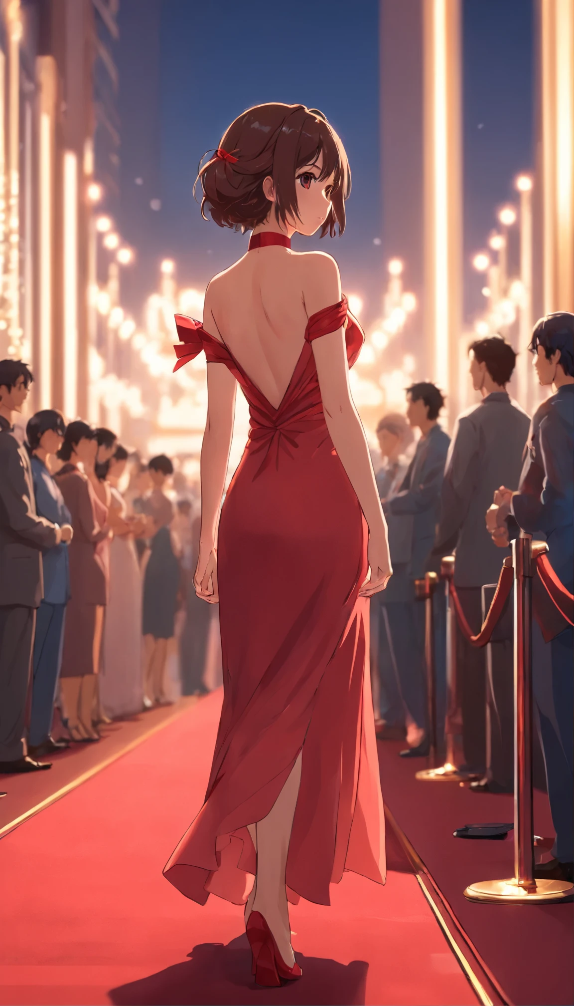 Back focus, back view, long distance shot, full body view, BREAK. A Pretty girl of Indonesiadoll, 23 years old, beautiful brown eyes, detailed beautiful face, left cheek mole, wearing red silk gown, BREAK. Glancing_at_viewer, BREAK. (annual award ceremony, red carpet, blurred crowd:1.5), BREAK. Blitz lighting, bright lighting, BREAK. exciting, highly realistic, super detailed, perfectly, proportional, UHD, 8k Resolution, masterpiece, RAW. depth of field BREAK.